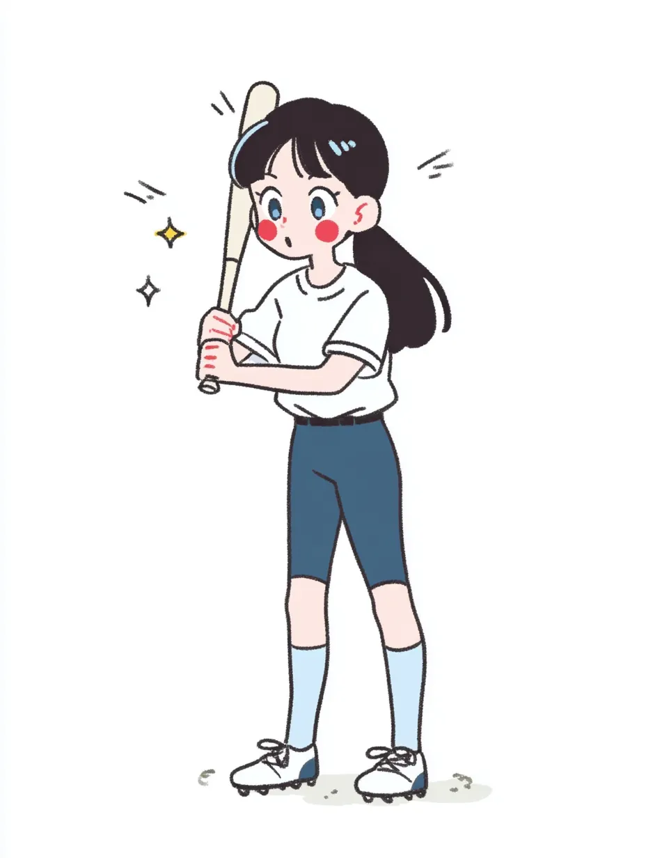 やる気デフォルメのソフトボール女子（バッター）｜バットを構える真剣な表情の女の子を描いたやる気デフォルメの作品。太めの輪郭とデフォルメされた瞳がキャラクターの集中力を強調しており、スポーツに向き合う意志の強さが伝わってくる。ポーズと構図にメリハリがあり、見ていて応援したくなる仕上がり。