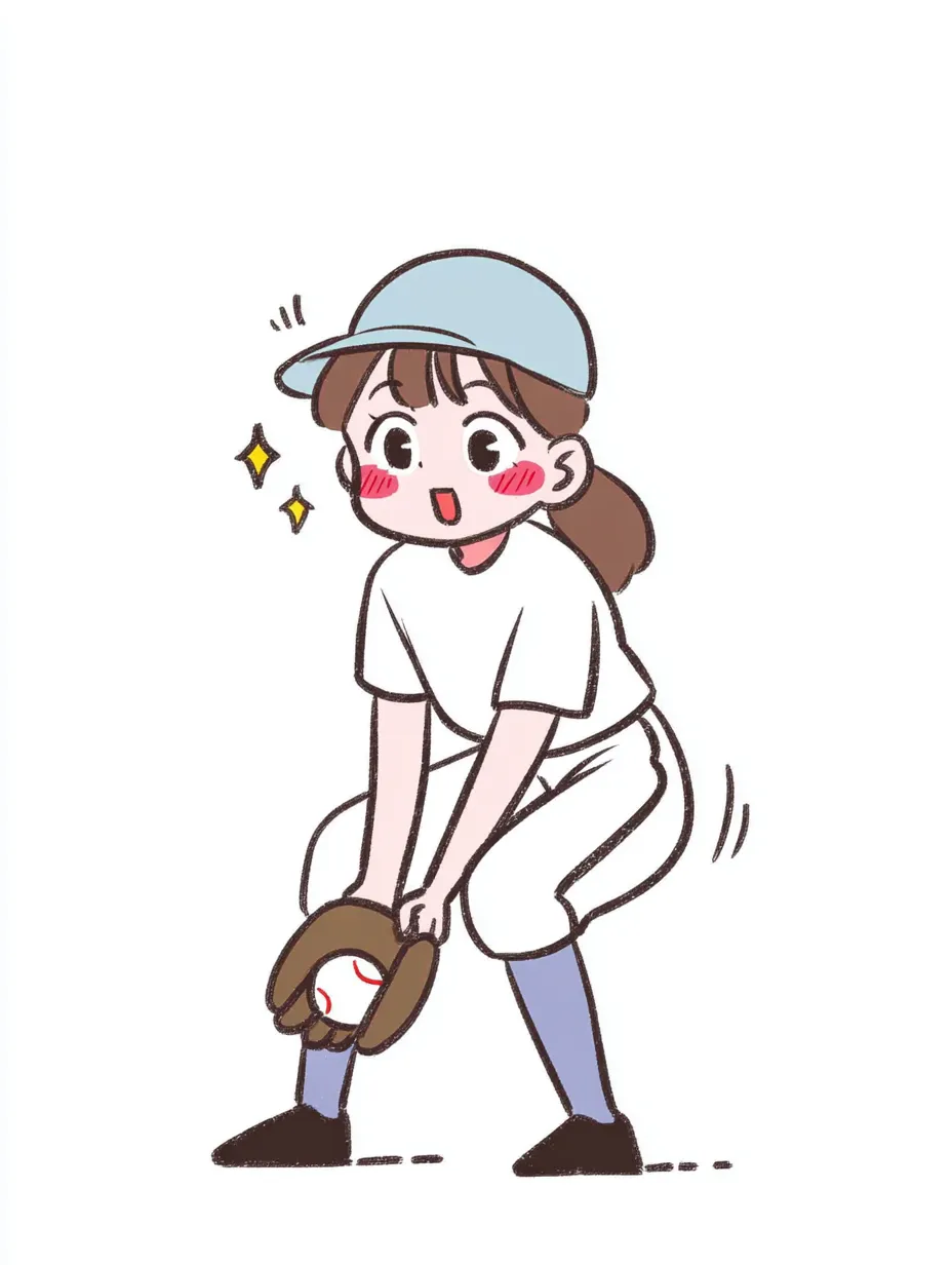 やる気デフォルメのソフトボール女子（守備）｜ソフトボールの守備体勢を取る少女を描いたやる気デフォルメの一枚。帽子やグローブなどのディテールが丁寧で、躍動感あるポージングが見事に再現されている。親しみやすいキャラクター造形により、スポーツの中でもチームプレイの一瞬が楽しく表現されている。