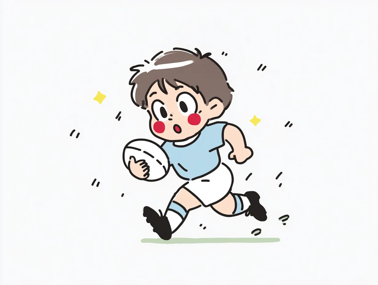 やる気デフォルメのラグビー少年（走り）｜軽快にグラウンドを駆け抜ける少年の姿を描いたやる気デフォルメの作品。柔らかな色彩と軽やかなラインがスピード感と解放感を際立たせ、プレイ中の爽快な気持ちが伝わる。視線の先にあるゴールを目指す意志が、シンプルな中にも表現されている。