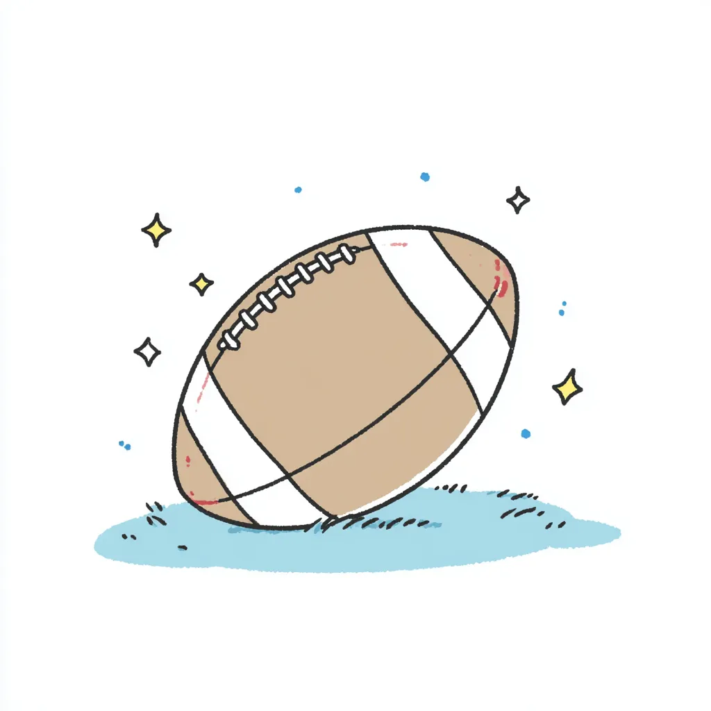 やる気デフォルメのラグビーボール｜やる気デフォルメのモチーフとして描かれたラグビーボールは、小さなキズや光のエフェクトが丁寧に描写され、試合の熱気を感じさせる。落ち着いた色味ながらも、背景の光りと芝の上にある構図が、スポーツへの情熱をほのかに伝えてくれるイラスト。