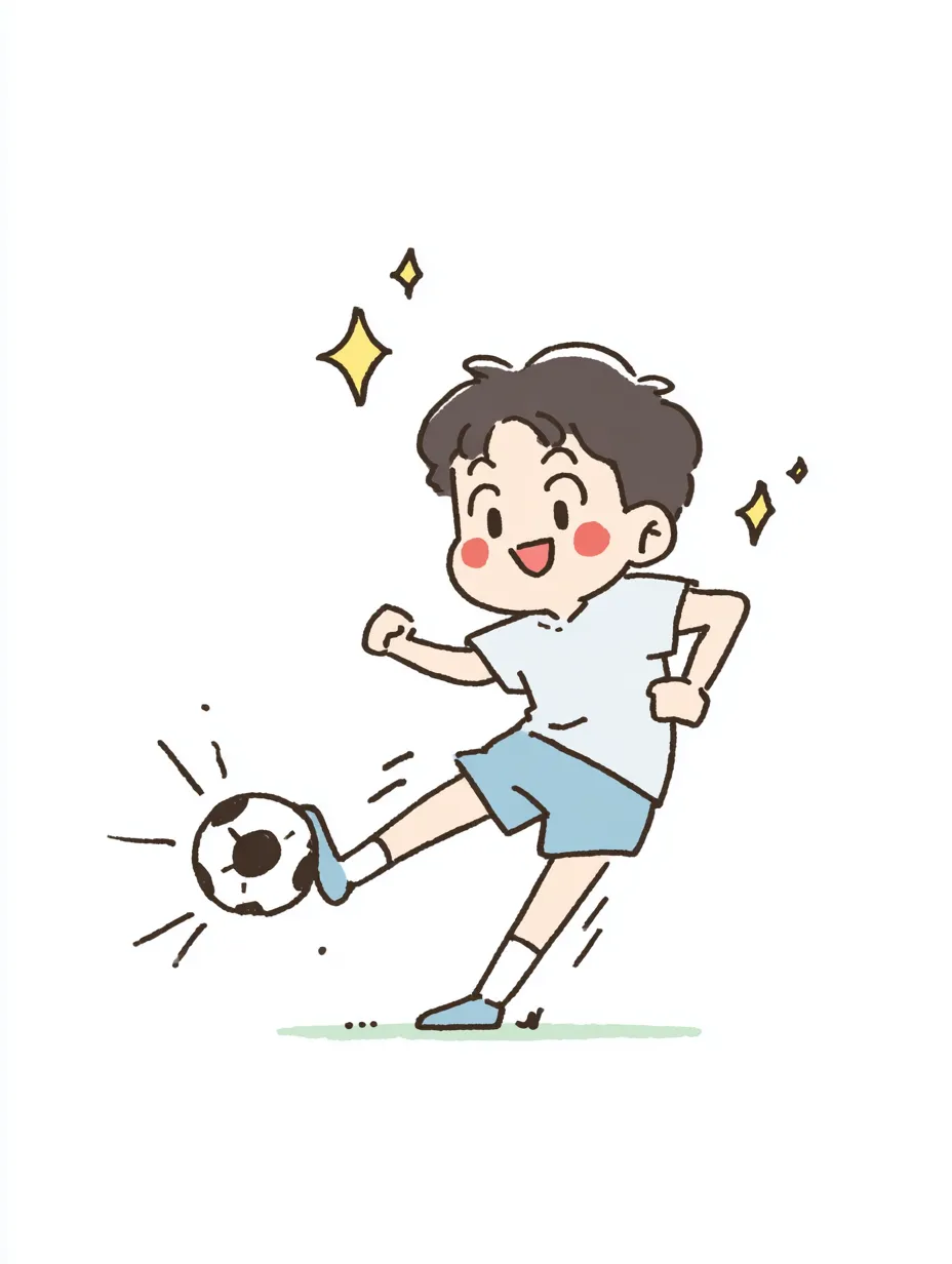 やる気デフォルメのサッカーシュート少年｜シュートを決める瞬間の少年を描いたやる気デフォルメの作品。躍動感ある足の動きと笑顔が自信とやる気を表し、見ている側も元気になる仕上がり。