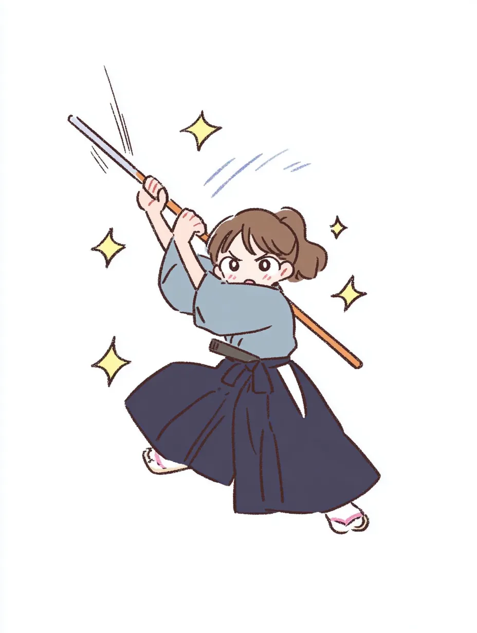 やる気デフォルメのなぎなた少女（打突）｜鋭い打突動作を取るなぎなた少女を描いたやる気デフォルメの作品。凛とした表情と構えから感じられる集中力が印象的で、動きのエフェクトや表情の工夫が技に挑む瞬間の気迫を伝えてくれる。