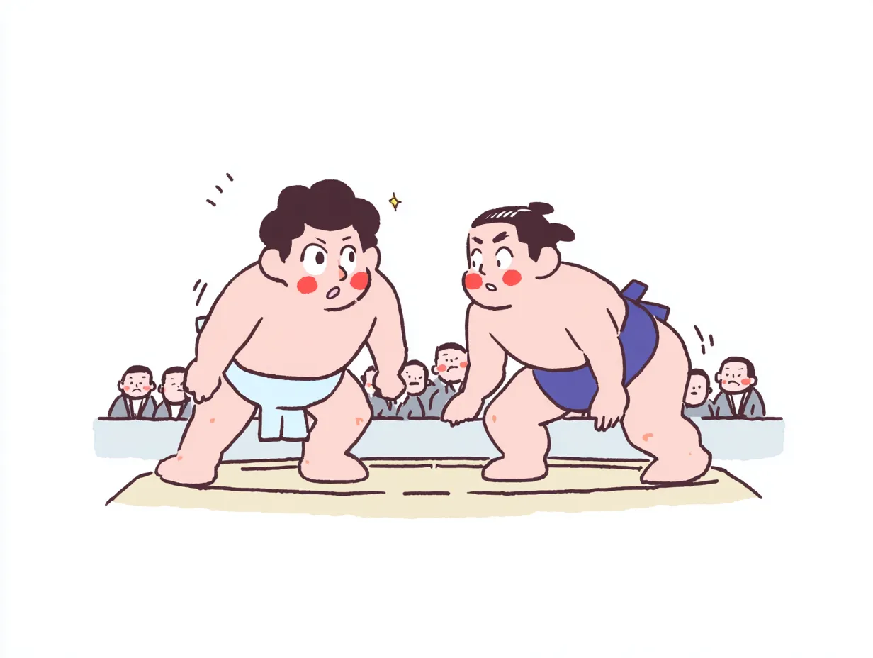 やる気デフォルメの相撲力士（土俵入り）｜土俵の上でにらみ合う力士たちをやる気デフォルメで表現。真剣な表情とどっしりとしたポーズに、勝負への意志と伝統競技の重みが見事に融合。背景の観客もシーンを盛り上げている。