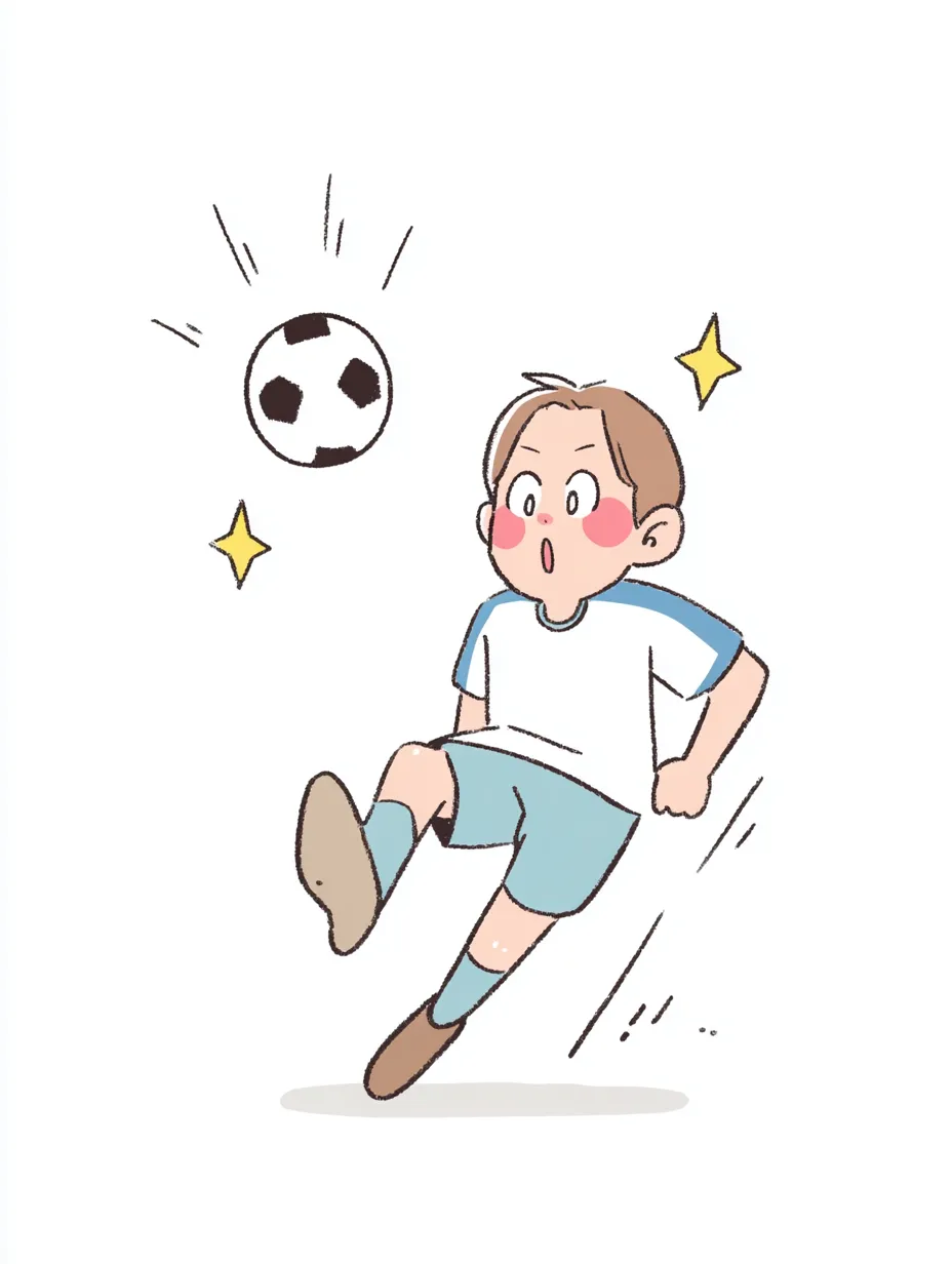 やる気デフォルメのサッカーシュート少年｜サッカーボールを勢いよく蹴る少年の姿が印象的なやる気デフォルメのイラスト。シンプルな線とリアクションのある表情でダイナミックさが伝わる構成。