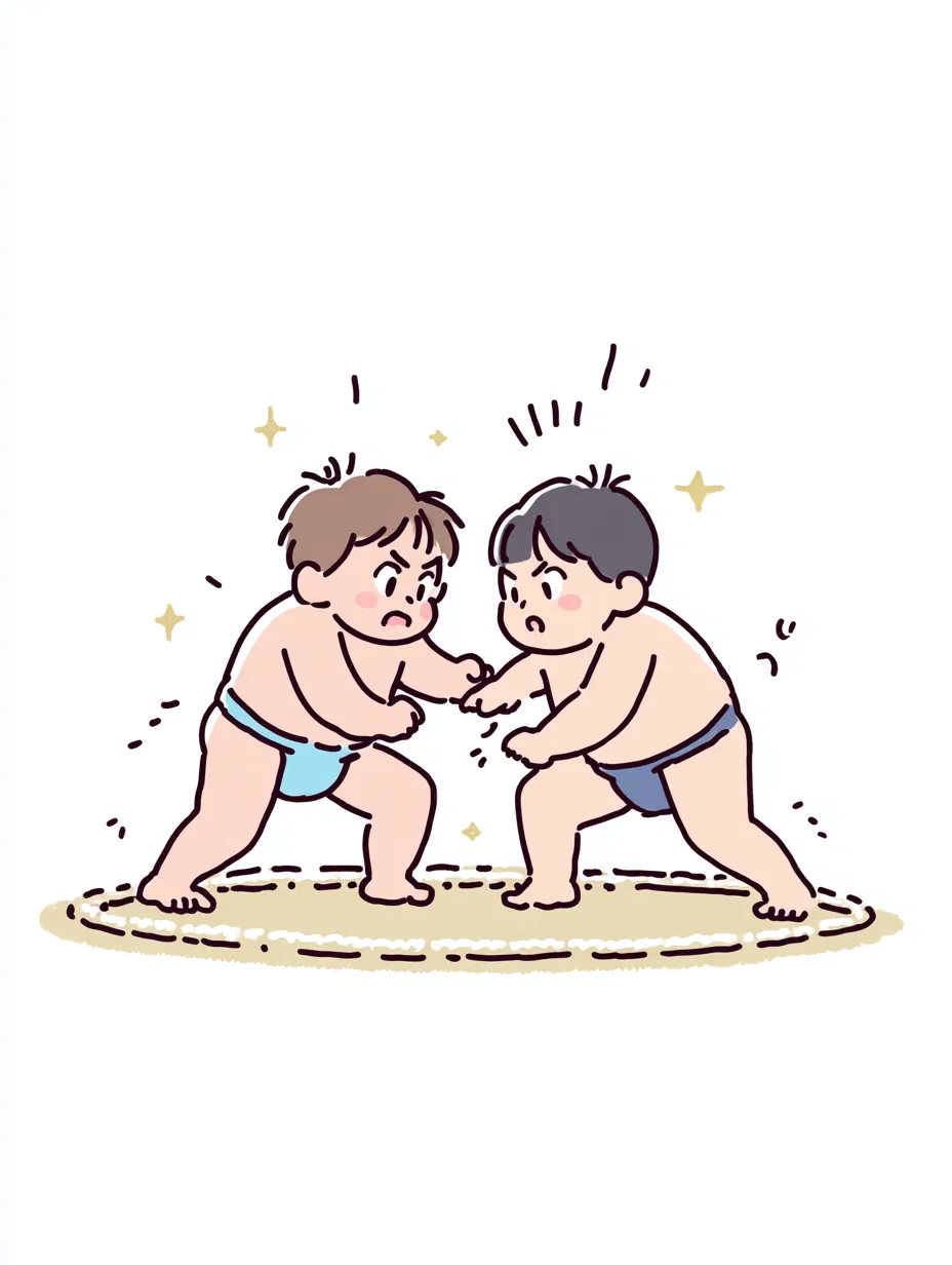 やる気デフォルメのこども相撲｜ふたりの子どもが土俵の上で真剣勝負！表情豊かなやる気デフォルメのこども相撲は、丸みを帯びた線と柔らかな色合いで、熱意と可愛らしさが同時に伝わる構図です。