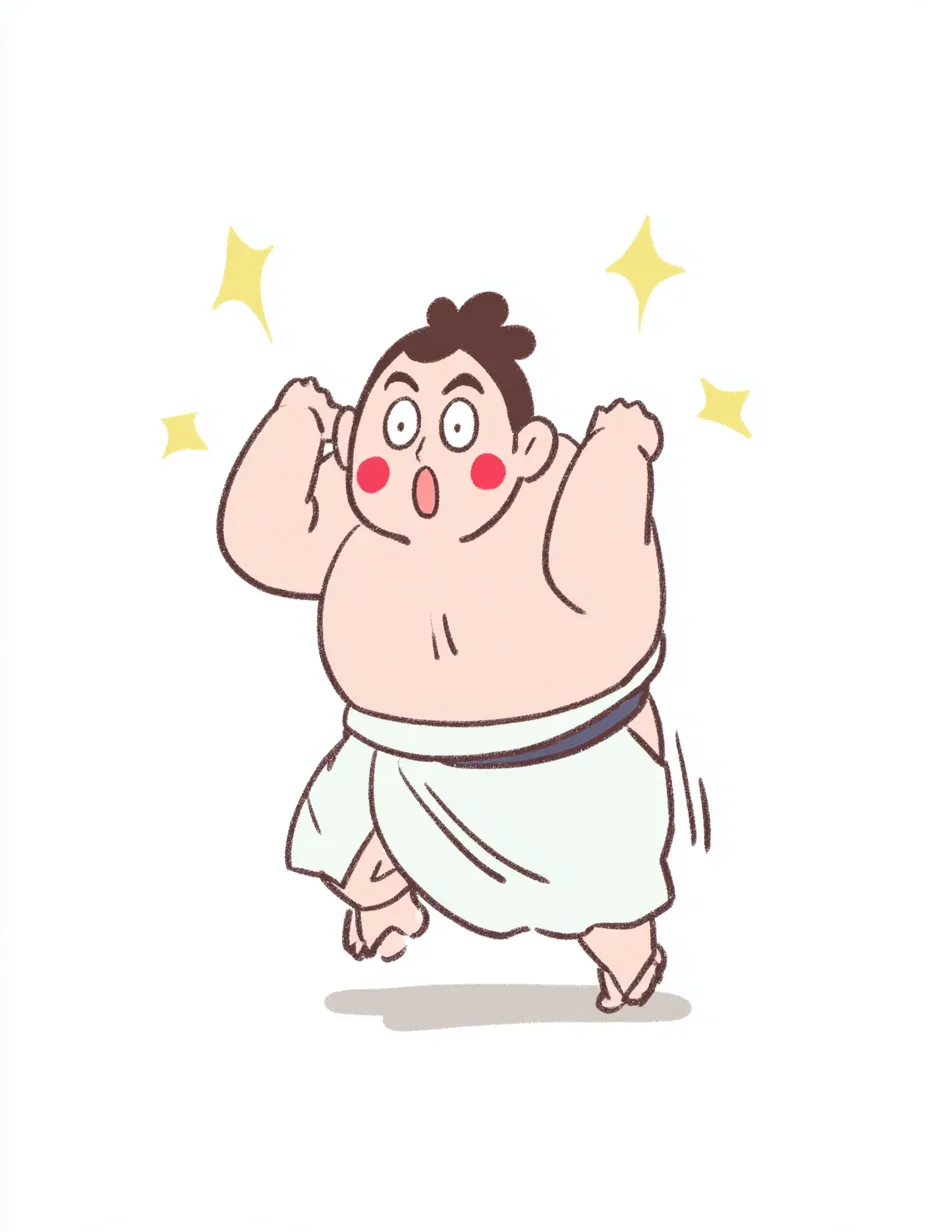 やる気デフォルメの力士（跳躍）｜驚いたような顔で跳ねる力士が印象的なやる気デフォルメのイラスト。ポップで勢いある動きが、力士の意外な軽快さを楽しく表現しています。