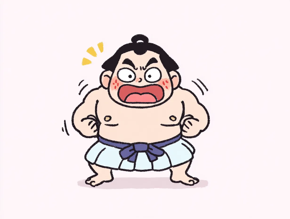 やる気デフォルメのお相撲さん（気合）｜気合全開の表情で仁王立ちするお相撲さんが主役。やる気デフォルメの描き方がエネルギッシュな雰囲気を強調し、見た人の気持ちも鼓舞される一枚です。