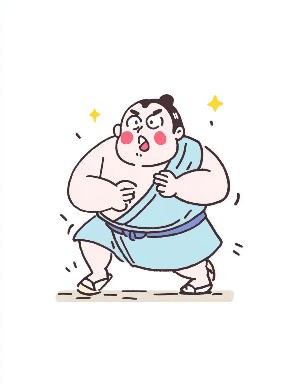やる気デフォルメの力士（構え）｜構えのポーズを決める力士が堂々と描かれたやる気デフォルメの作品。力強くもコミカルな印象が、伝統的なモチーフを親しみやすく表現しています。