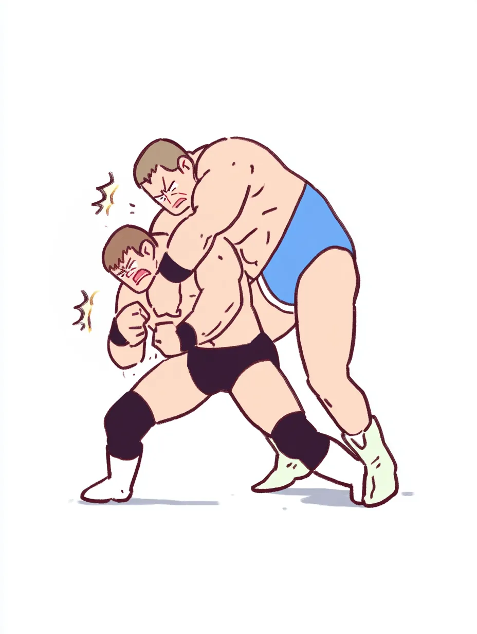 やる気デフォルメのプロレス選手B｜技をかける力感が圧倒的なやる気デフォルメのプロレス選手。筋肉の描写と表情の誇張が、戦いの激しさと気迫を大胆に際立たせています。
