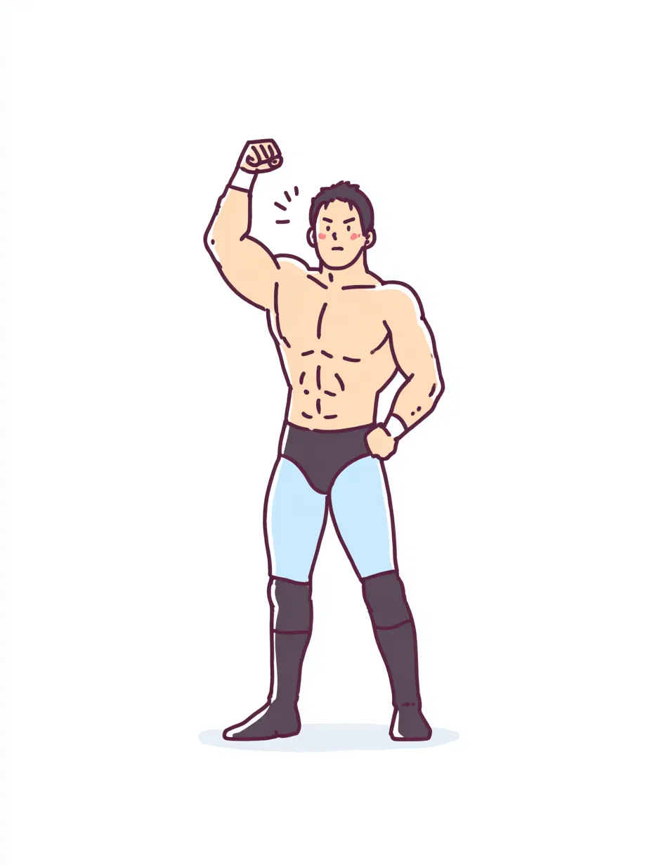 やる気デフォルメのプロレスラーA｜力こぶを見せる堂々たる姿が頼もしいやる気デフォルメのプロレスラー。シンプルな構図ながら、筋肉の強調と表情が意志の強さを際立たせます。