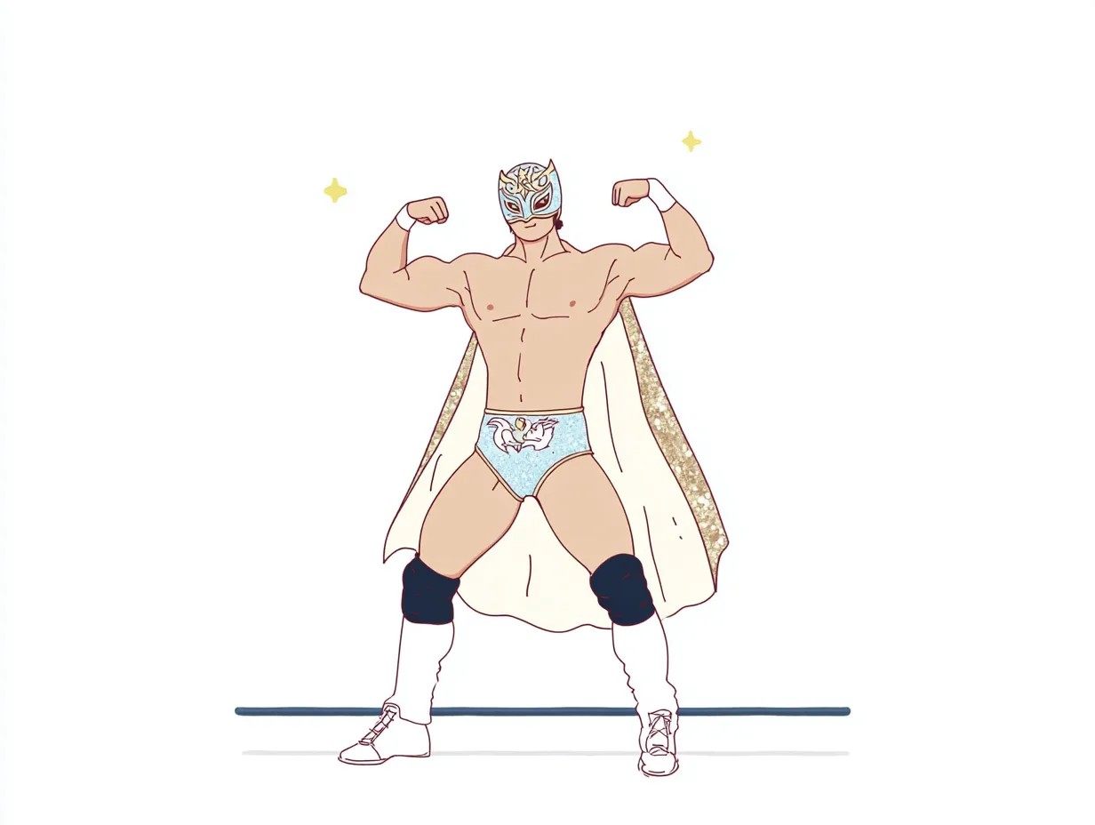 やる気デフォルメのプロレスラーB｜マスクとマントが輝く華やかなやる気デフォルメのプロレスラー。色彩とポーズのインパクトが、エンタメ性あふれるキャラクターを引き立てています。