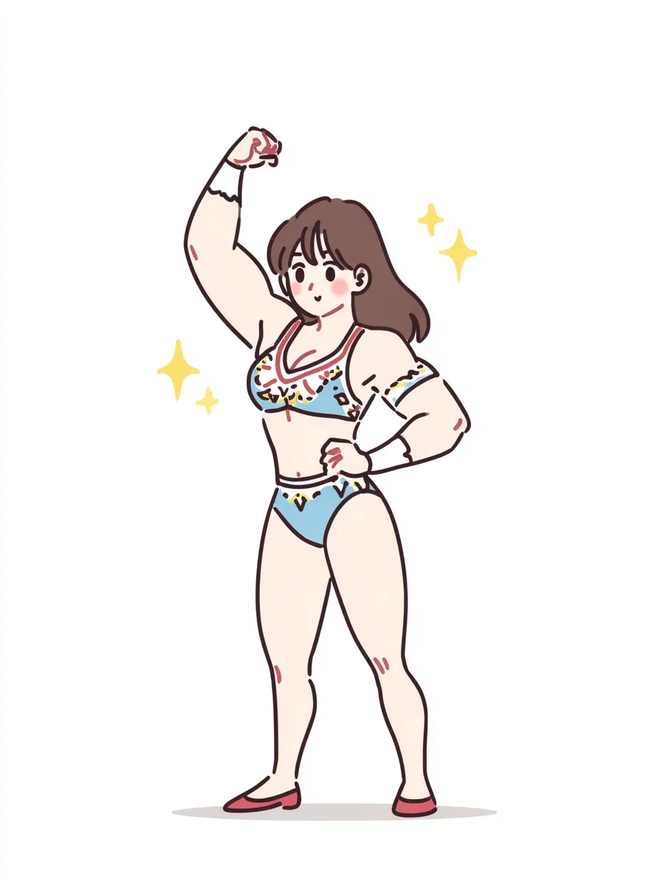 やる気デフォルメの女子プロレスラーA｜明るい笑顔とポーズが元気をくれるやる気デフォルメの女子プロレスラー。衣装の装飾も細かく描かれ、楽しくも力強い印象に仕上がっています。