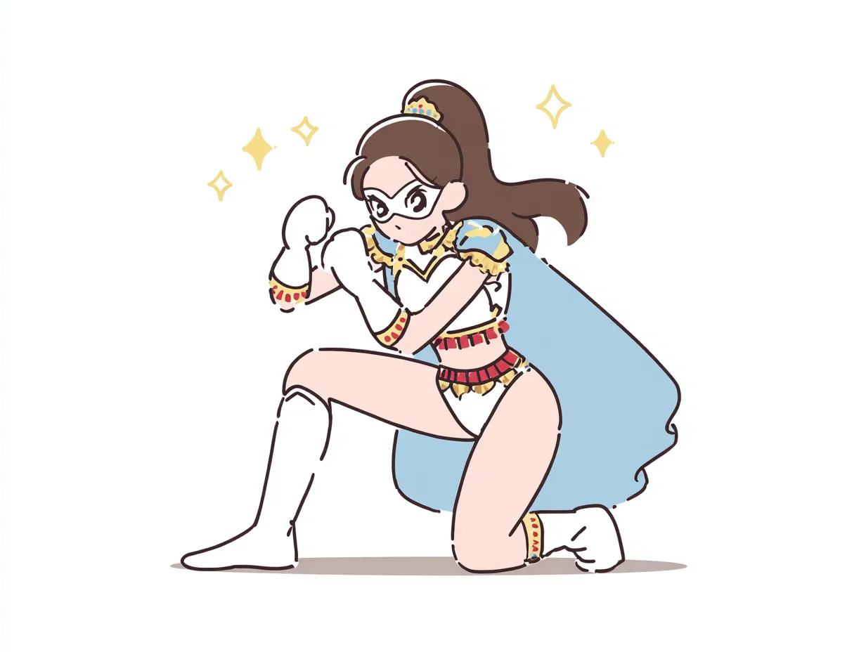 やる気デフォルメの女子プロレスラーB｜膝をついた構えが戦士のようなやる気デフォルメの女子プロレスラー。マントや装飾の揺れが、静かな緊張と内なる闘志を感じさせます。
