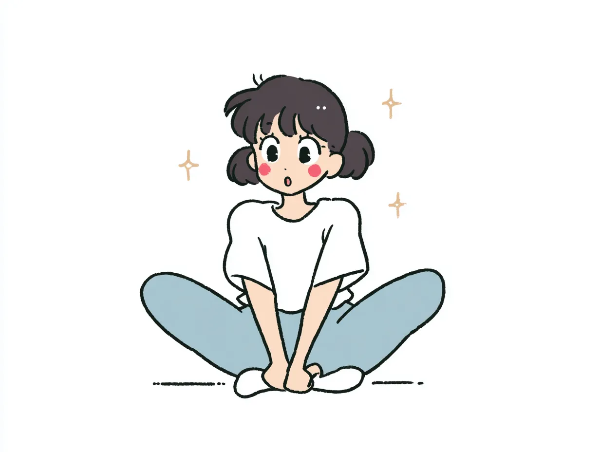 やる気デフォルメのストレッチ女の子｜足を合わせた姿勢で座るストレッチポーズの女の子。ふんわりとした線とあどけない表情が印象的で、やる気デフォルメの軽やかなリズム感を感じさせるデザインです。
