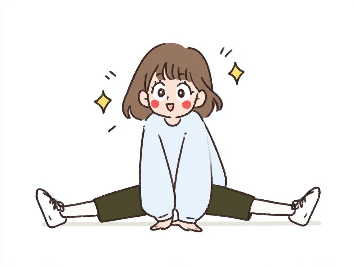 やる気デフォルメのストレッチ開脚ポーズ｜大きく足を開いた柔軟運動をする女の子を描写。自然な笑顔と元気な印象がやる気デフォルメのテイストとマッチし、健康的で前向きな気持ちを後押しします。