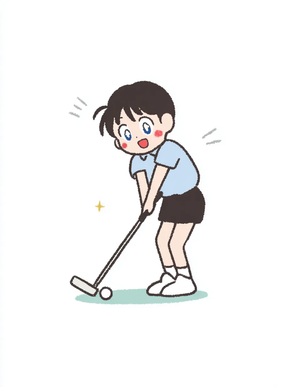 やる気デフォルメのゴルフ少年｜パターを構える少年がにっこり笑顔で構える様子を描いたイラスト。芝とクラブのシンプルな構成が、やる気デフォルメの集中力と楽しさを軽やかに伝えます。