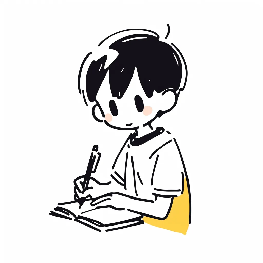笑顔でノートに書く男の子のイラスト｜シンプルな線と黄色のアクセントが特徴的なイラスト。明るい表情でノートに書く男の子の姿が描かれており、楽しく学ぶ雰囲気を表現している。教育や学習の場面に適したデザイン。