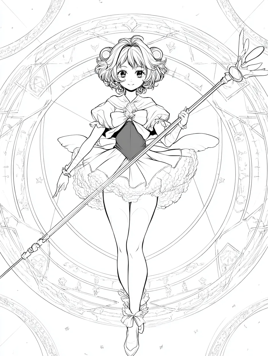 塗り絵 アニメ 魔法少女の神秘的な変身姿｜繊細な線画で描かれた魔法少女が杖を手に舞う構図。神秘的な魔法陣が背景を彩り、幻想的な雰囲気を演出。塗り絵 アニメとしての魅力を存分に引き出せる一枚。