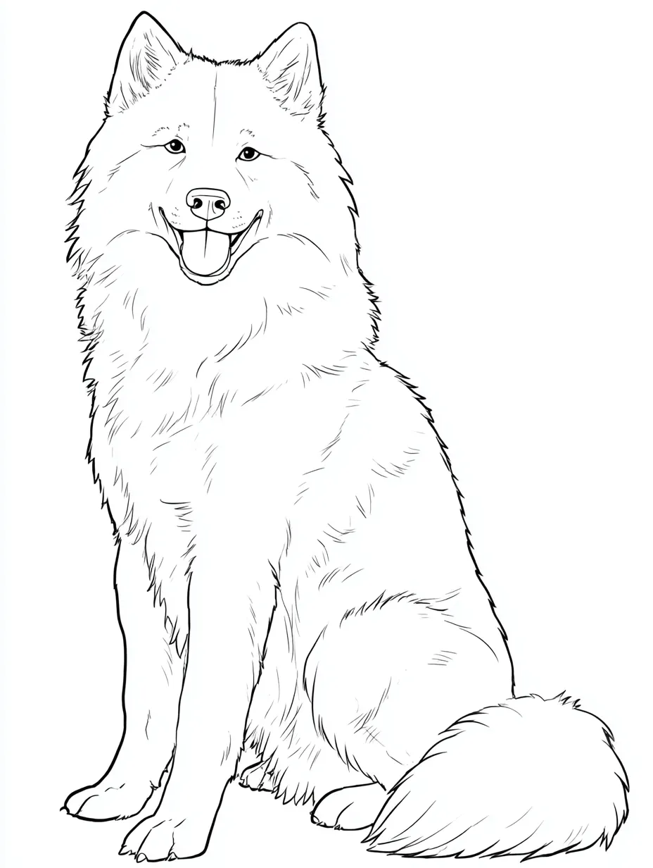 塗り絵 高齢者｜微笑むふわふわ犬｜ふさふさとした毛並みの中型犬が穏やかな表情で座っている構図。シンプルでやさしい輪郭線が特徴で、「塗り絵 高齢者」として癒しと親しみやすさを提供する一枚。
