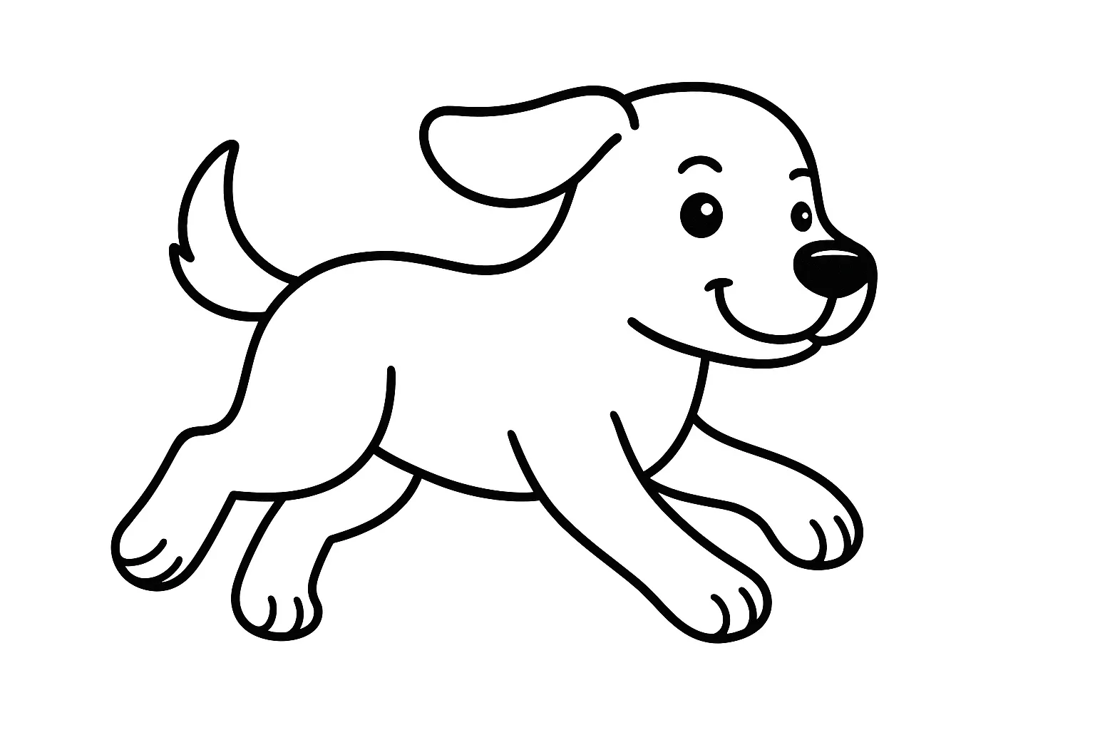 犬の塗り絵：走る犬の横姿｜走っている犬の姿を横向きで描いた構成です。耳やしっぽがなびき、スピード感があり動きのある塗り絵に仕上がります。脚の配置や表情にも注目です。