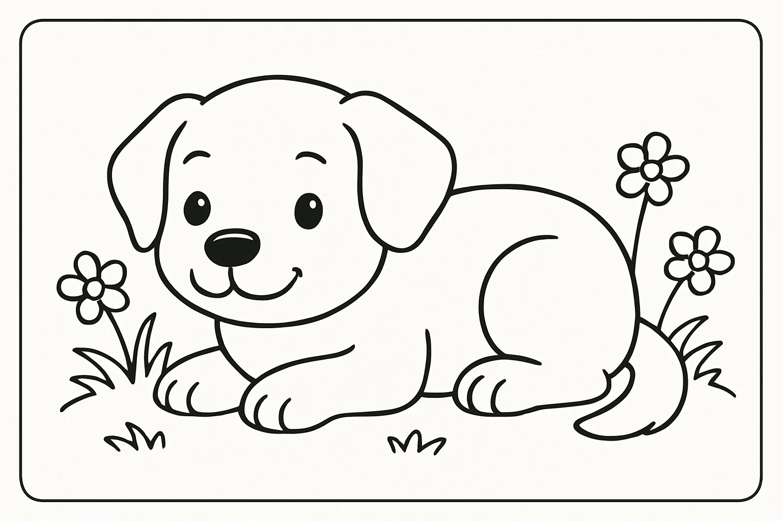 犬の塗り絵：寝そべる犬｜リラックスして寝そべっている犬を横長で描いた構図です。穏やかな表情と丸まった体が愛らしく、線の太さや模様の塗り分けにも工夫できるやさしい絵柄です。