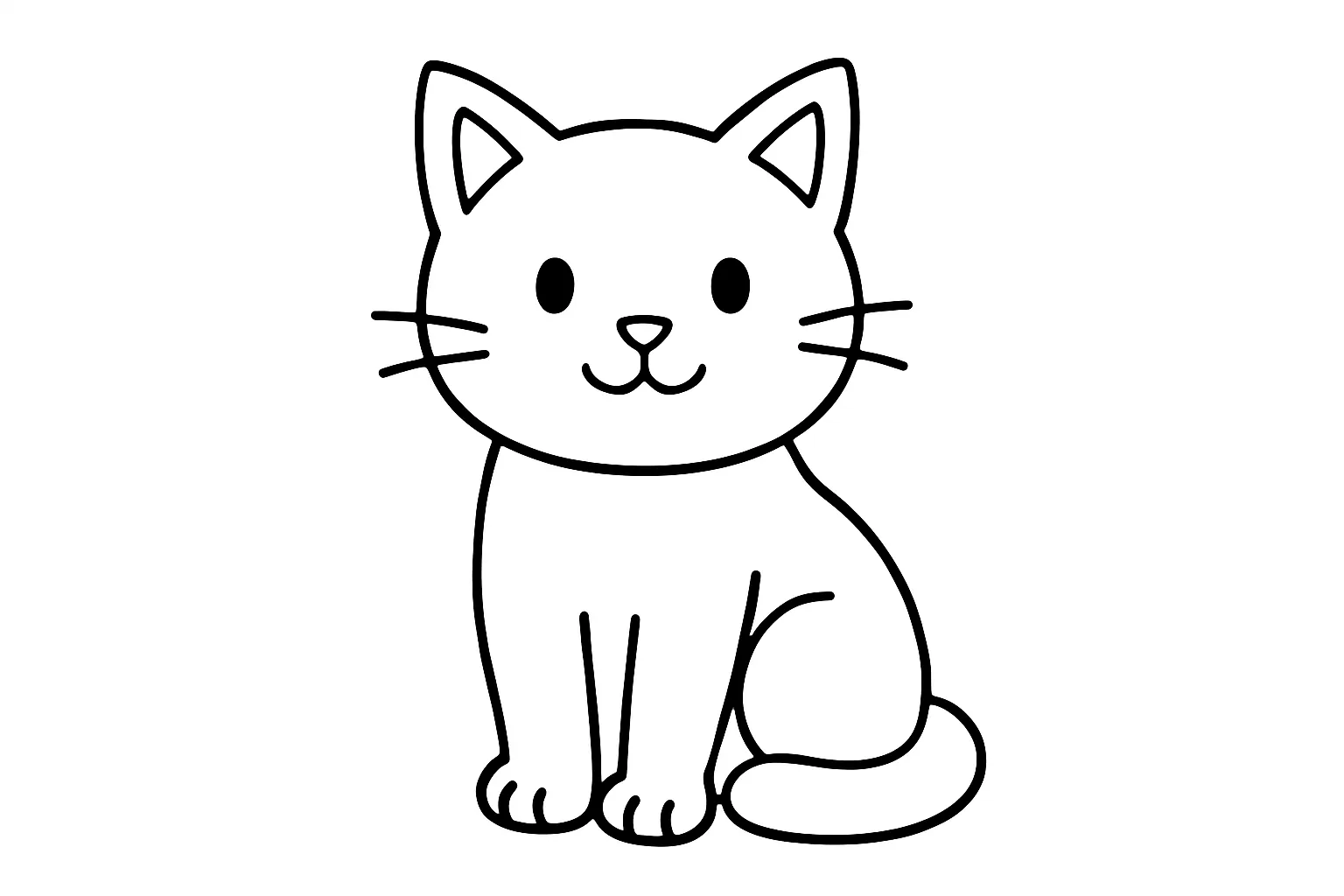 猫の塗り絵：おすわりポーズ｜まっすぐ前を見つめる猫が、しっぽを巻いてちょこんとおすわりした姿です。顔の輪郭やひげ、しっぽのカーブもはっきりしていて、バランスよく塗れる基本ポーズです。