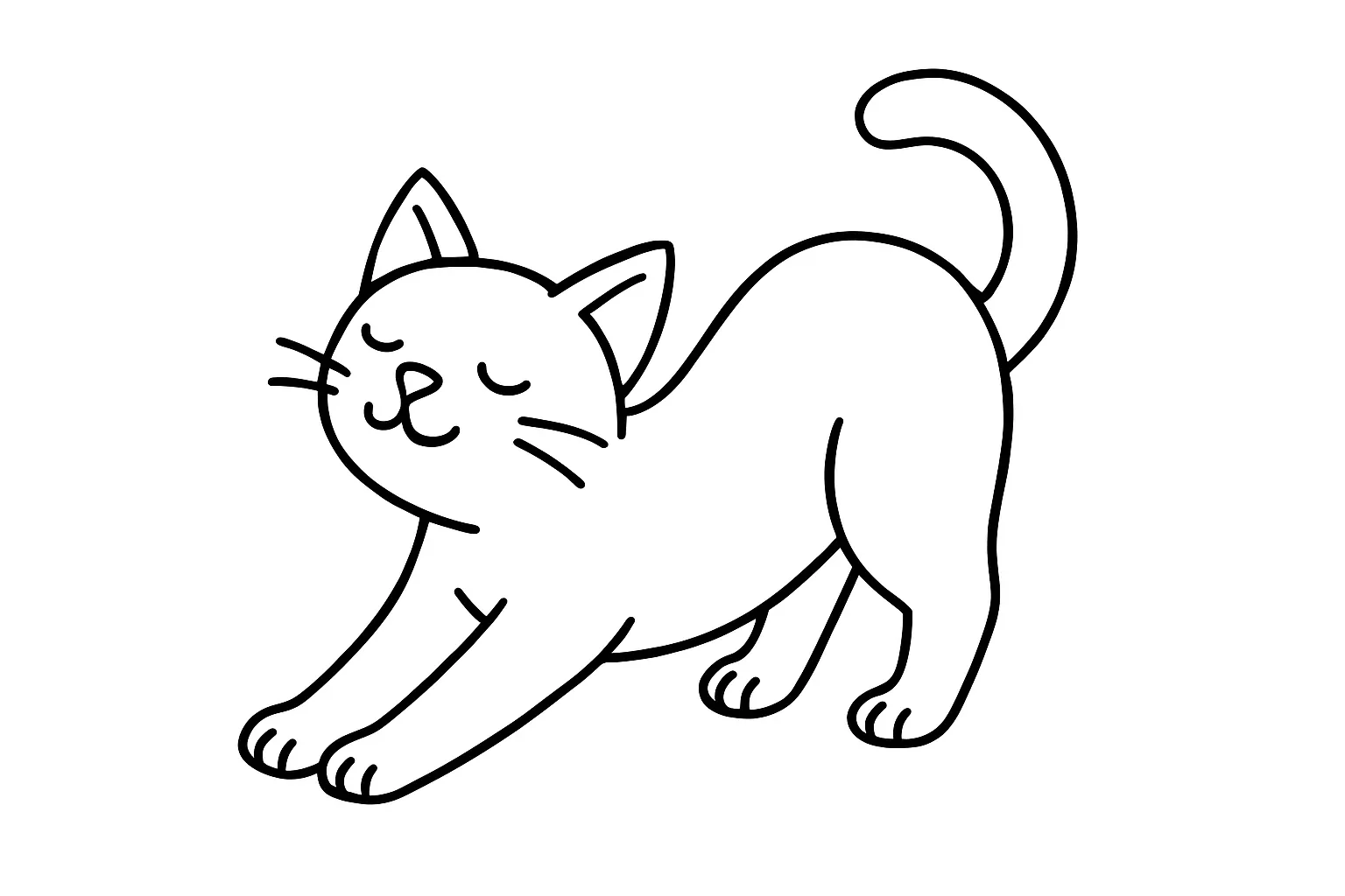 猫の塗り絵：のびをする猫｜体を気持ちよさそうに伸ばす猫の横姿を捉えた構図です。背中のアーチや伸びきった前足など、猫らしい柔らかさや動きが楽しめる塗り絵になります。
