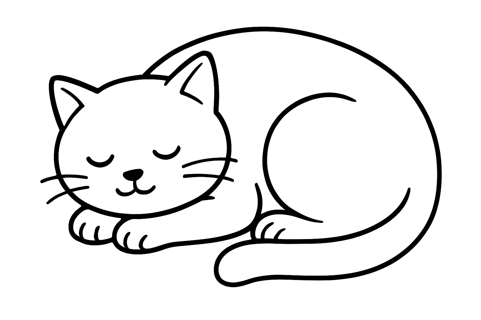 猫の塗り絵：丸まって寝る猫｜くるっと体を丸めて眠っている猫を上から少し斜めに見た構図です。顔を隠してしっぽを巻いた様子が可愛らしく、やさしい雰囲気で塗るのにぴったりの絵柄です。