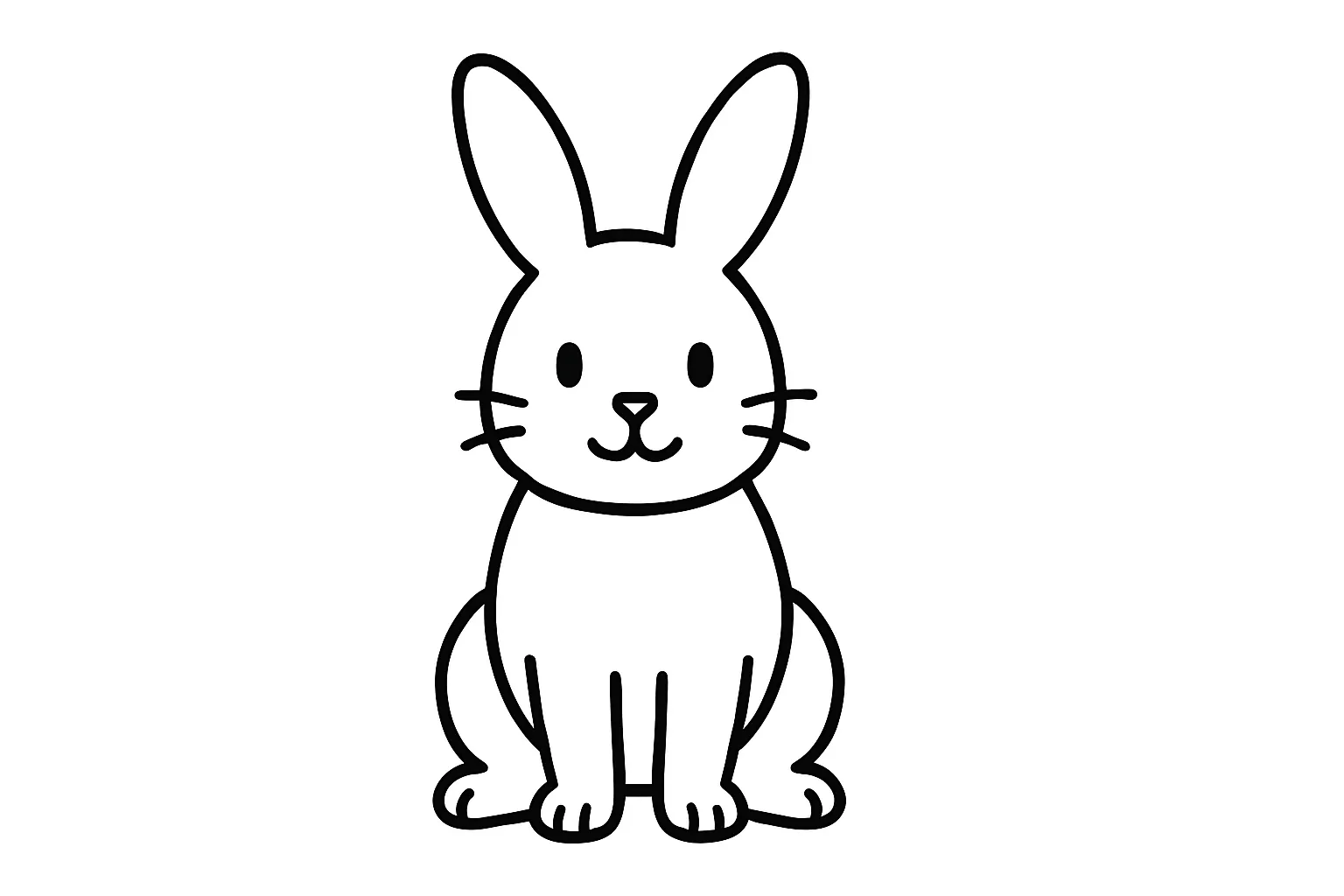 塗り絵のすわるうさぎ｜正面を向いてちょこんと座る姿が愛らしいシンプルなうさぎの線画です。耳は長くぴんと立ち、目は丸く表現されています。子どもにも描きやすい太めの線が特徴で、ぬりえ遊びや動物の学習素材にぴったりです。