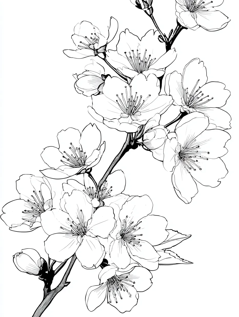 塗り絵 高齢者｜満開の桜の枝｜満開の桜の枝を写実的なタッチで描写。ひとつひとつの花びらや雄しべが繊細に表現されており、「塗り絵 高齢者」として四季の移ろいを感じられる静かな題材。