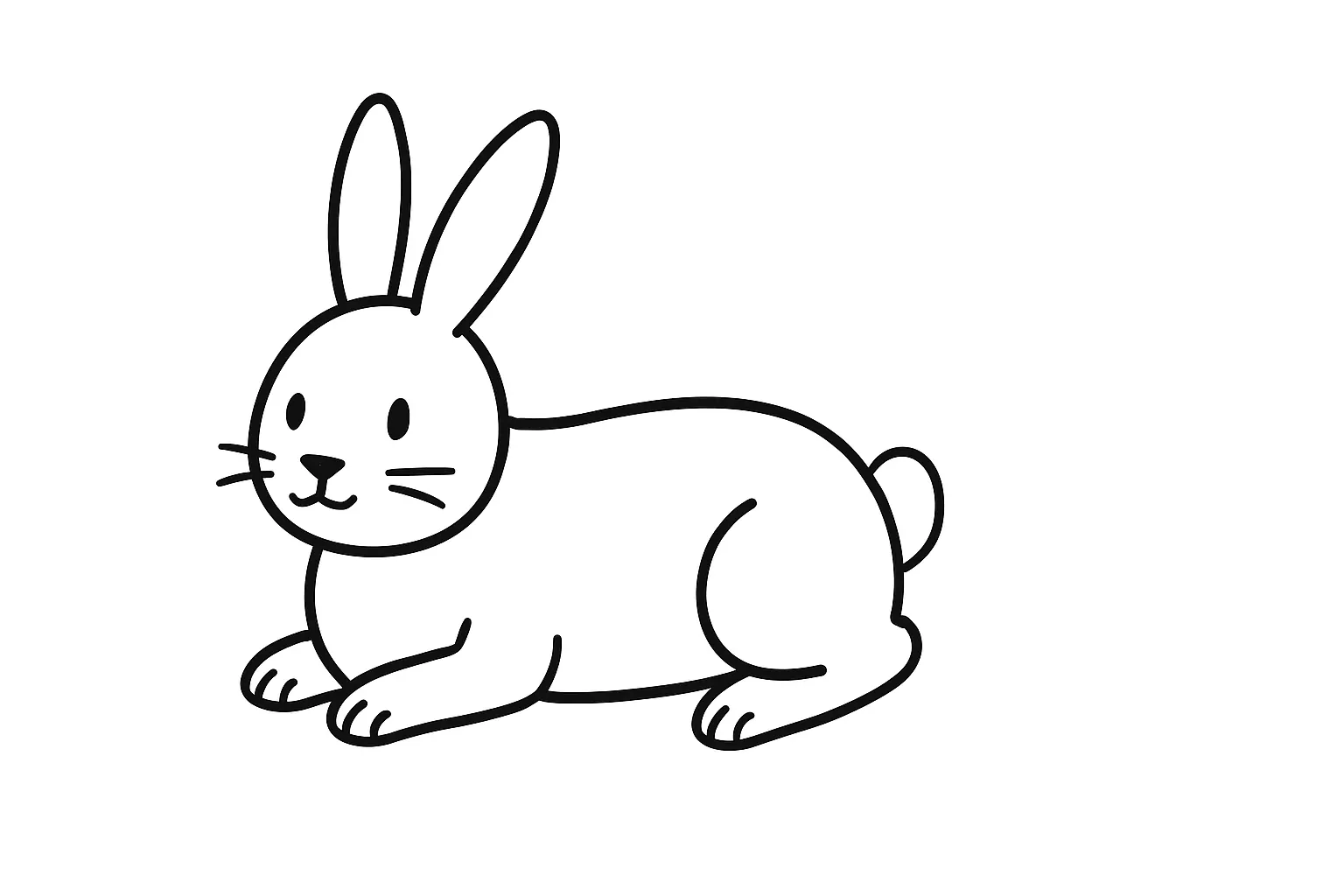 塗り絵のねそべるうさぎ｜リラックスして床に伏せたうさぎの横長構図の線画です。背中から丸い背中と短い足が見え、穏やかな雰囲気が伝わります。やさしい表情で、動物好きの子どもたちに人気のぬりえです。