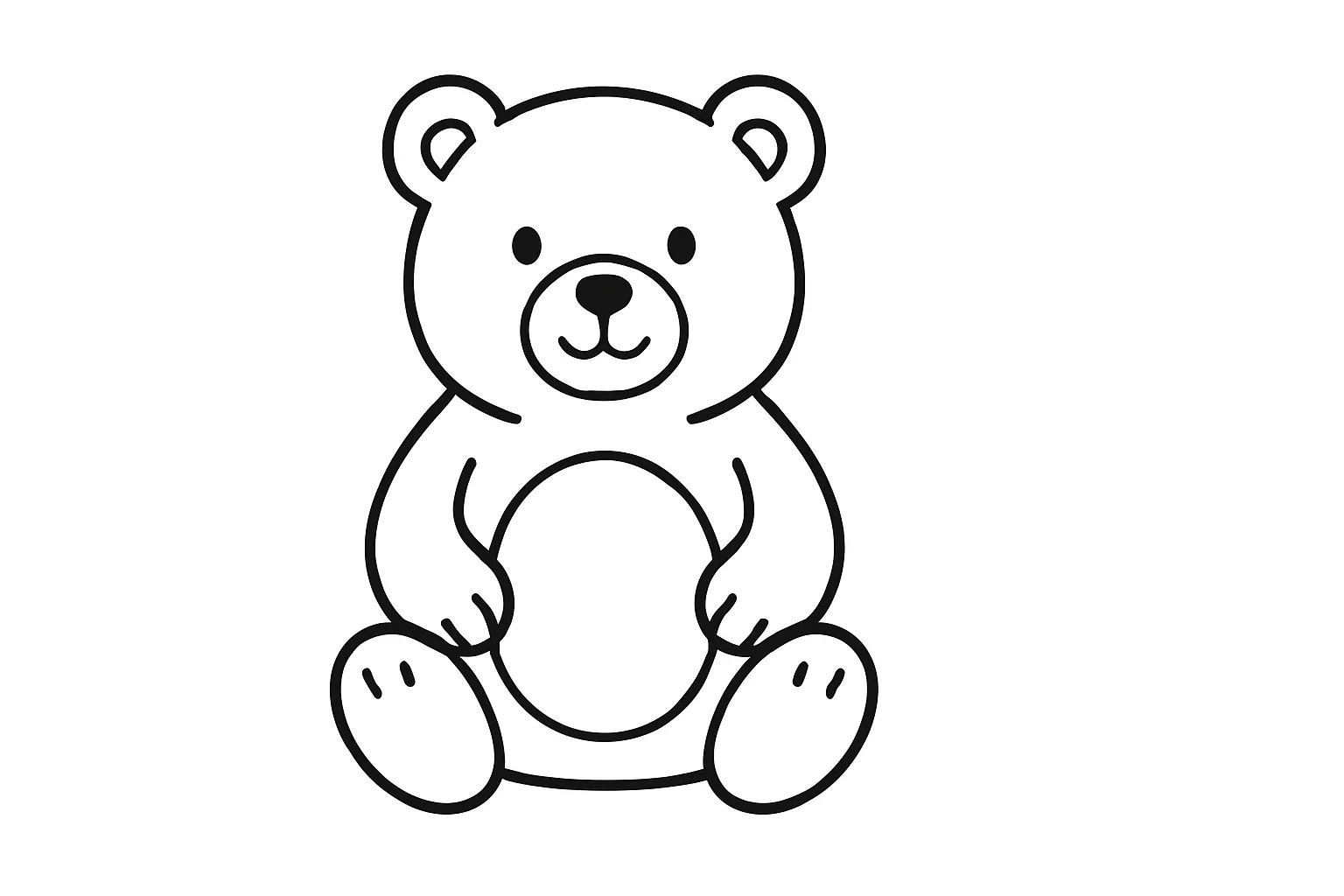 塗り絵のすわるくま｜大きなくまが両足を前に投げ出しておすわりしている構図です。耳や鼻、手足の輪郭がはっきりしており、塗りごたえのある基本ポーズです。子ども向けのぬりえ素材に最適なバランスです。
