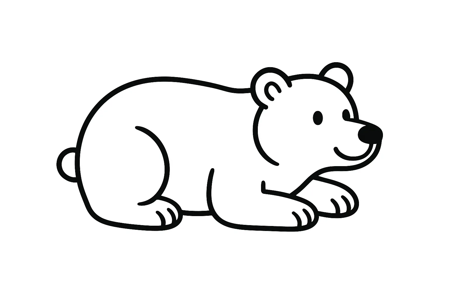 塗り絵のねそべるくま｜おなかを下にして寝転ぶように休んでいるくまを横長構図で描きました。のんびりとした表情や丸みを帯びた体型がかわいらしく、穏やかな雰囲気を楽しめます。