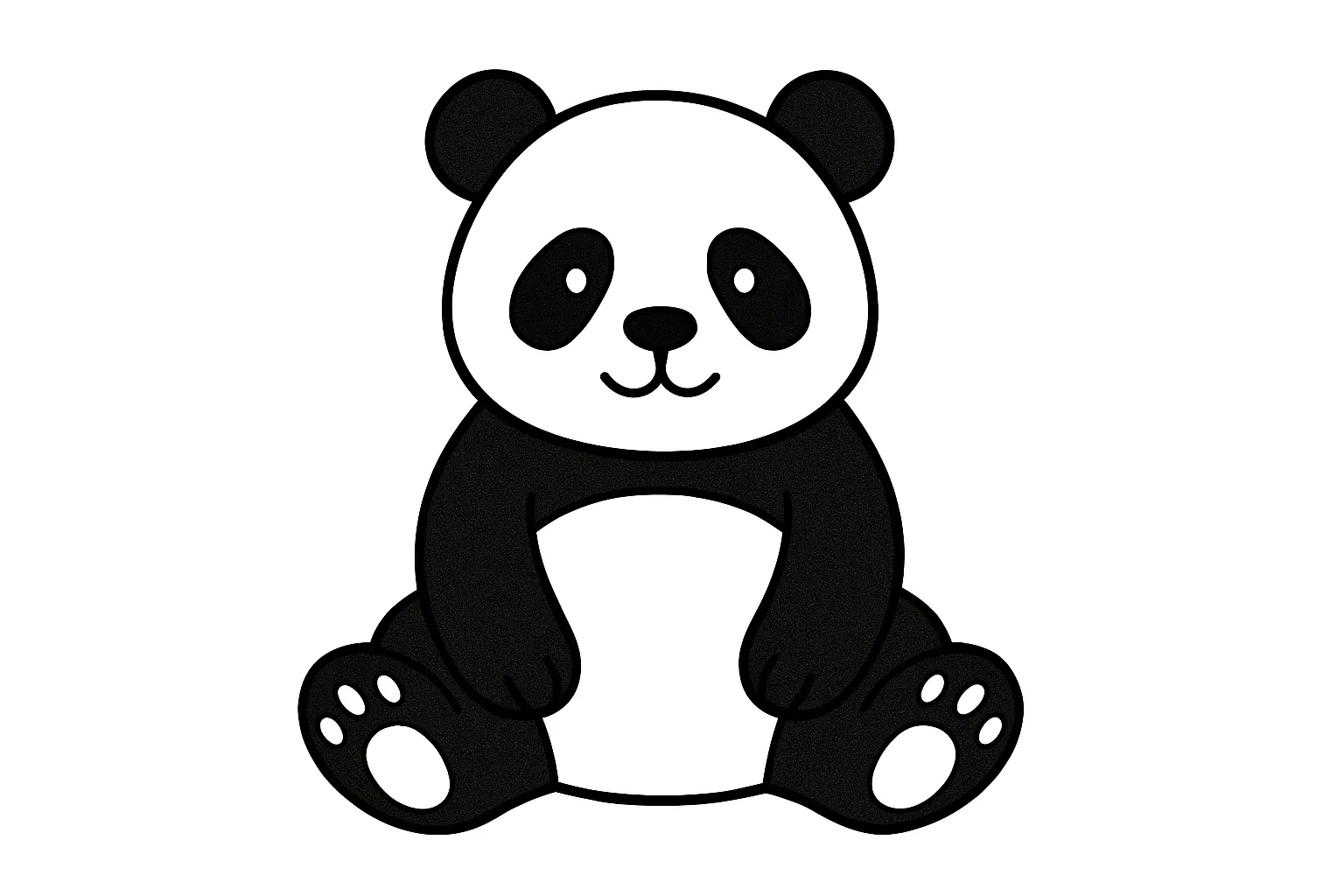 塗り絵のすわるパンダ｜ふっくらした体つきのパンダがあぐらをかくようにちょこんと座った構図です。黒と白の塗り分けが楽しく、表情も愛らしい仕上がり。保育や動物のぬりえ素材にぴったりです。