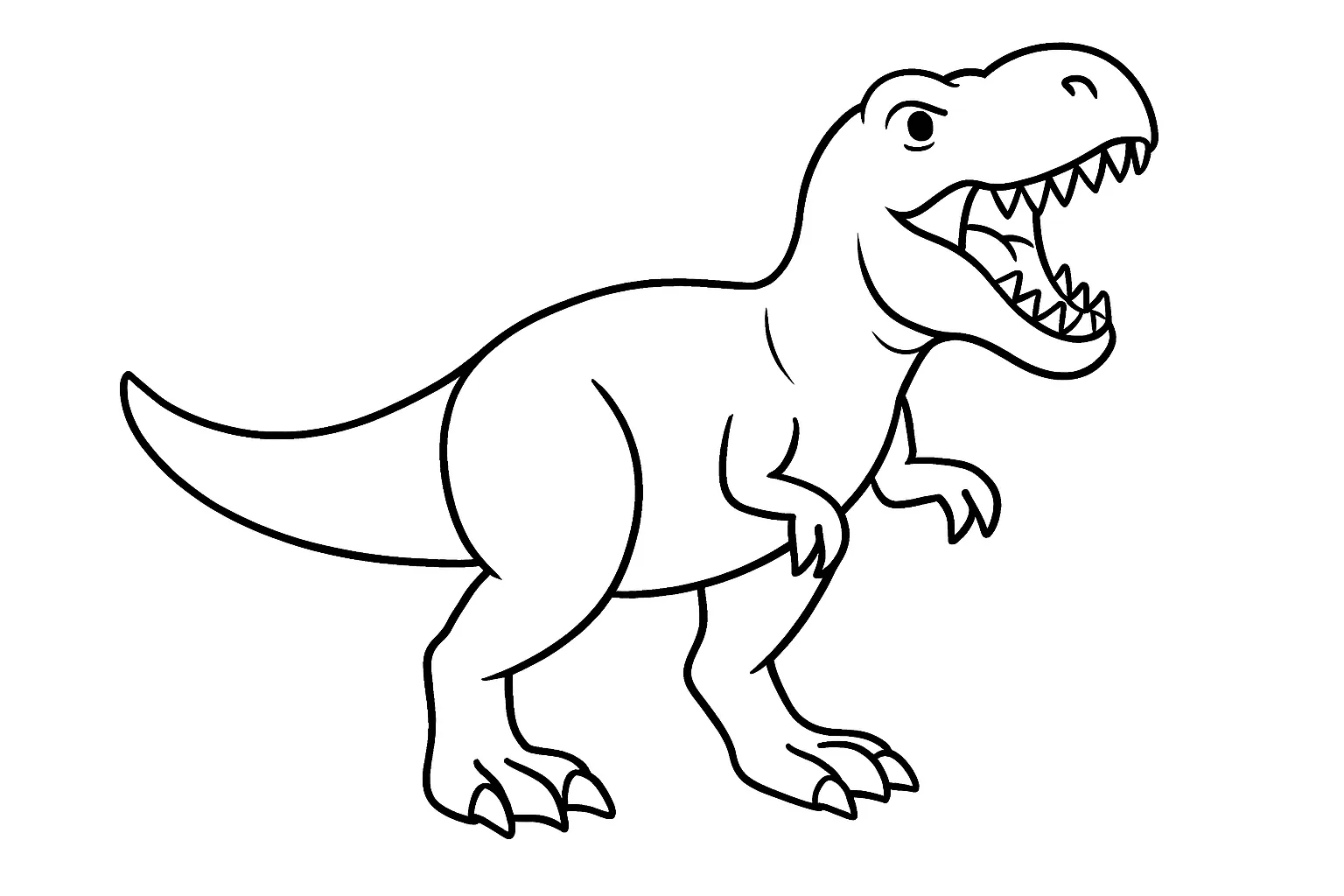 塗り絵のティラノサウルス｜口を開けて大きく吠えるティラノサウルスを横向きに描いたダイナミックな構図です。太くたくましい足と長いしっぽが特徴で、ぬりごたえのある恐竜好きにぴったりな塗り絵です。