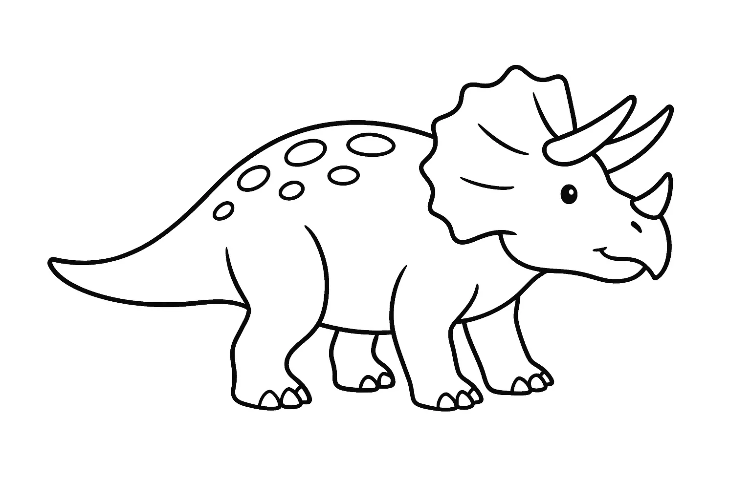 塗り絵のトリケラトプス｜大きな角と襟飾りが特徴のトリケラトプスが横向きに歩いている姿を描いています。やや丸みを帯びた体型で親しみやすく、細部まで丁寧に塗れる構成です。