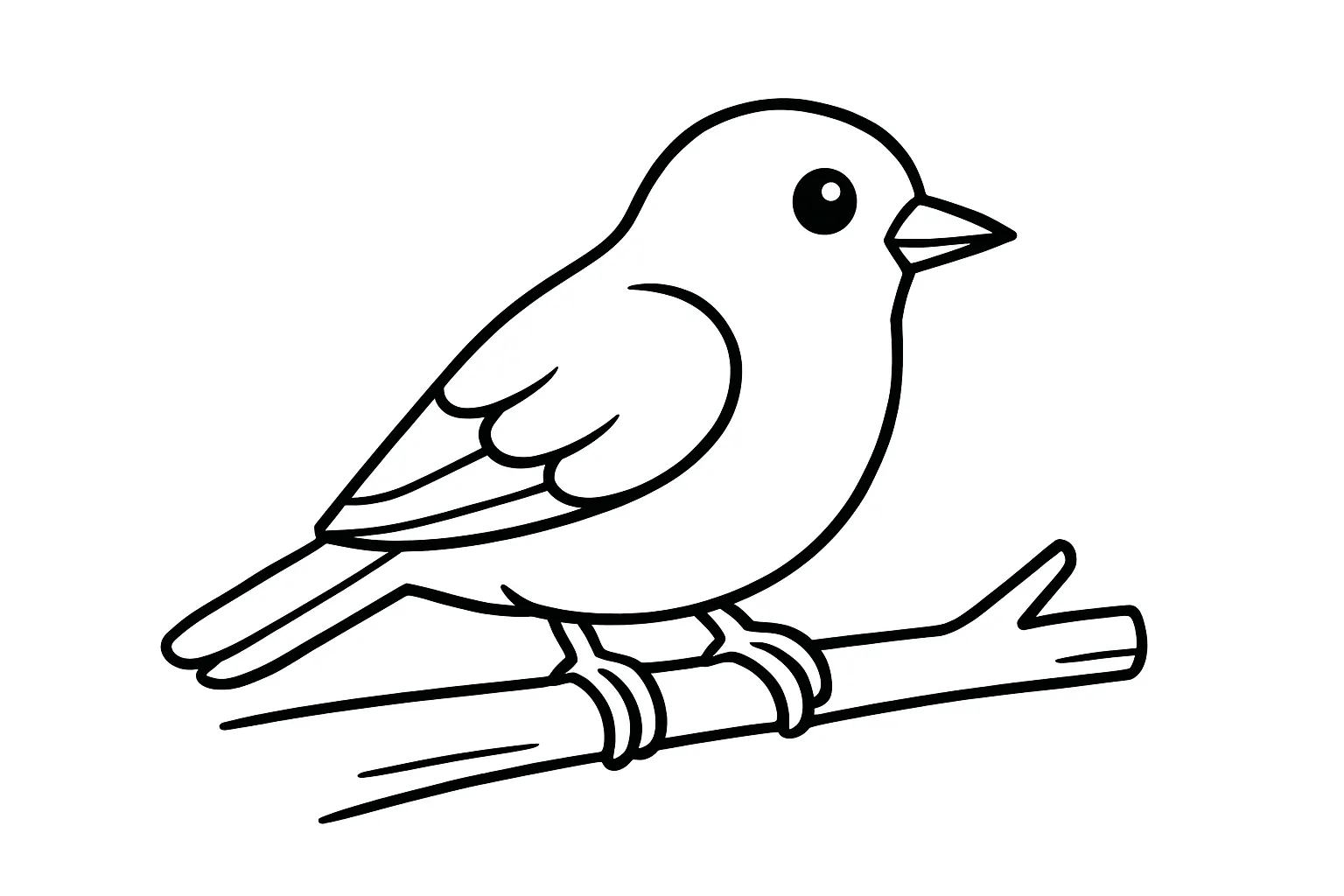 塗り絵のとまる鳥｜木の枝にちょこんと止まっている小鳥を横から描いた構図です。羽や尾の模様がわかりやすく、塗る楽しさが広がるシンプルでやさしい線画です。