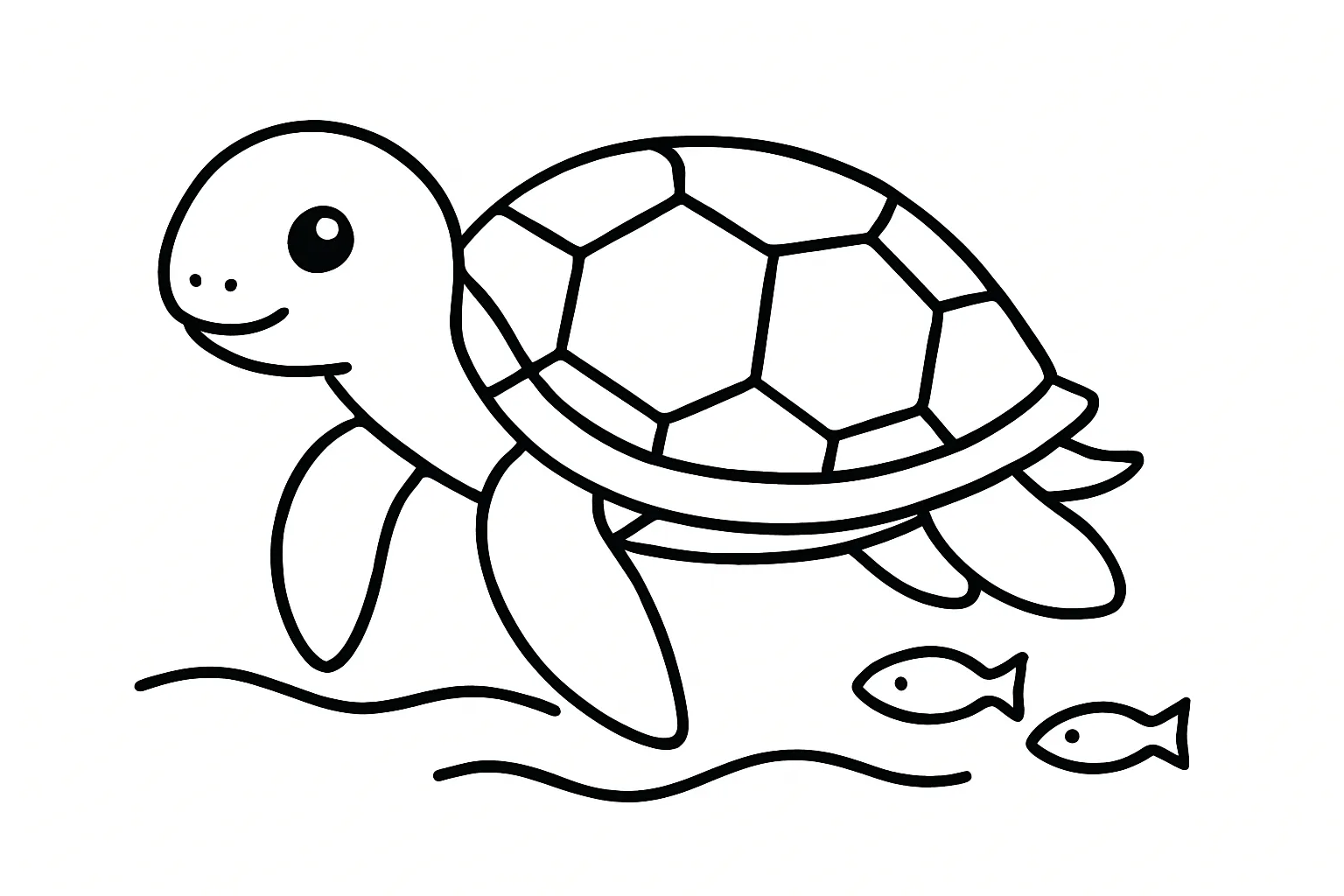 塗り絵のカメ｜海底をゆっくり泳ぐウミガメの姿を大きく描いたぬりえです。丸みのある甲羅と大きなひれが親しみやすく、背景には砂地と小魚のラインで構成。穏やかな海の世界を感じながら塗ることができます。