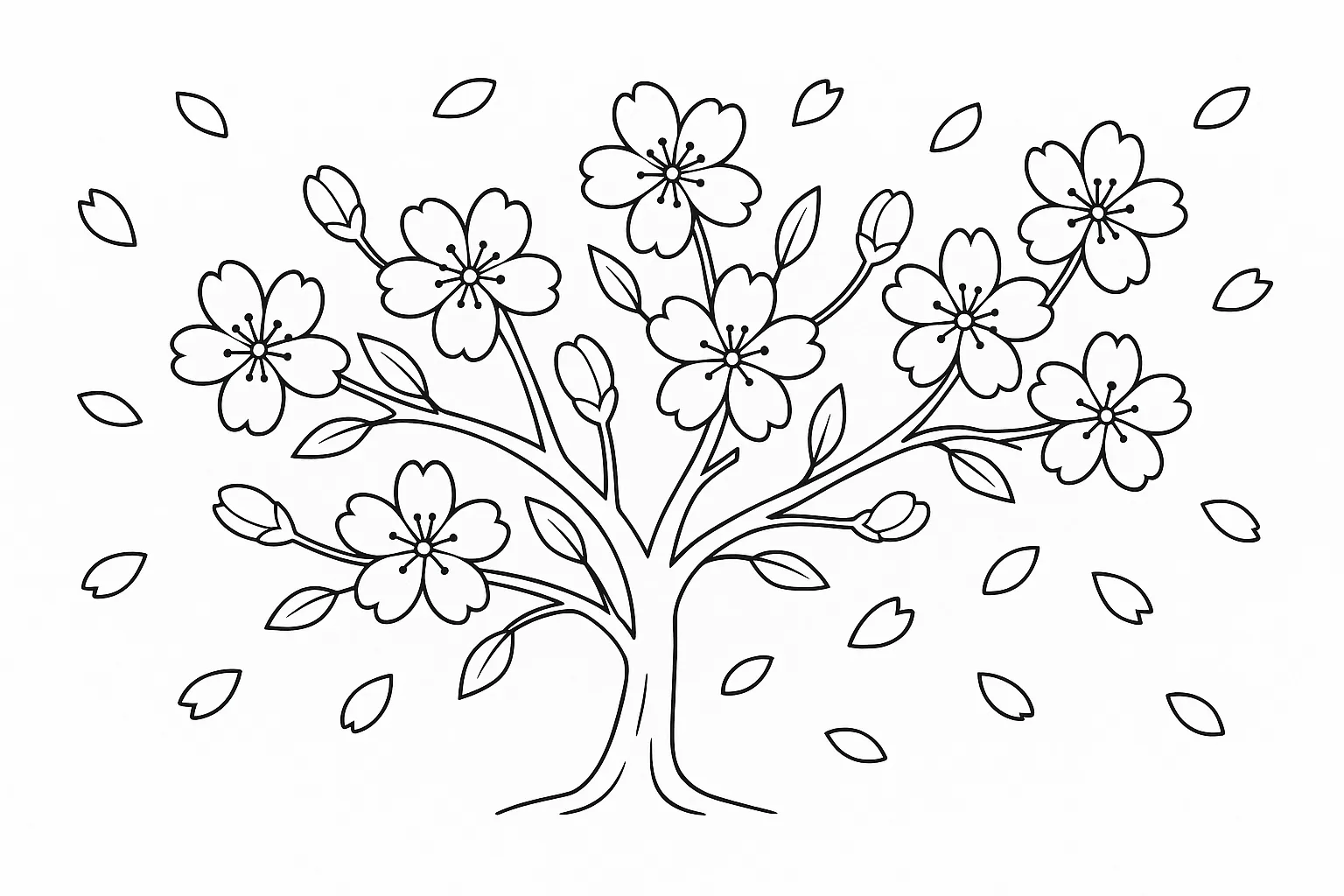 塗り絵の桜１　｜一本の桜の木が満開に咲く様子をシンプルな線画で表現した塗り絵です。幹と枝の伸びやかさ、花びらの重なりを塗ることで季節感が楽しめます。