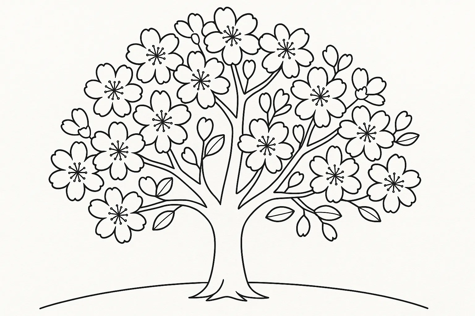 塗り絵の桜２　｜複数の桜の枝に花が咲き誇り、舞い散る花びらが加わった横構図の塗り絵です。春風に乗って広がるやわらかな印象を表現できます。