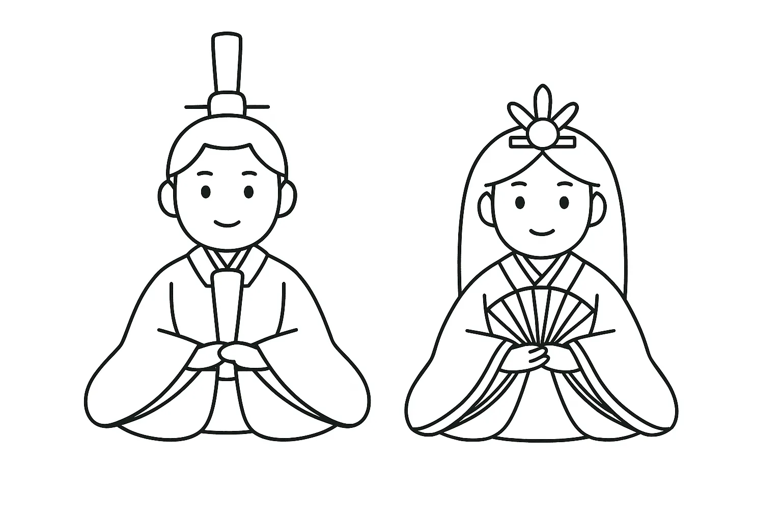 塗り絵3月：おひなさまとおだいりさま｜段飾りの中央に並ぶおひなさまとおだいりさまを描いた塗り絵です。衣装や冠などの細部も線で表現されており、色選びの楽しさが広がります。