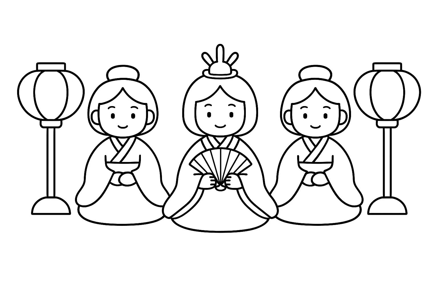 塗り絵3月：三人官女とぼんぼり｜華やかなひな壇の中段に三人官女とぼんぼりを配置した構図です。顔の表情や持ち物にも違いがあり、役割への興味や行事の意味を学べます。