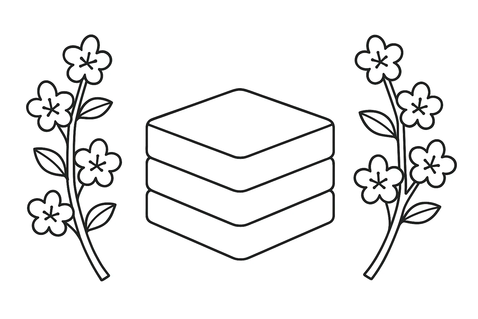 塗り絵3月：菱餅と桃の花｜シンプルな構図で菱餅と桃の花を大きく描いています。季節の食べ物と花に親しみながら、春の行事への関心を育むきっかけになります。