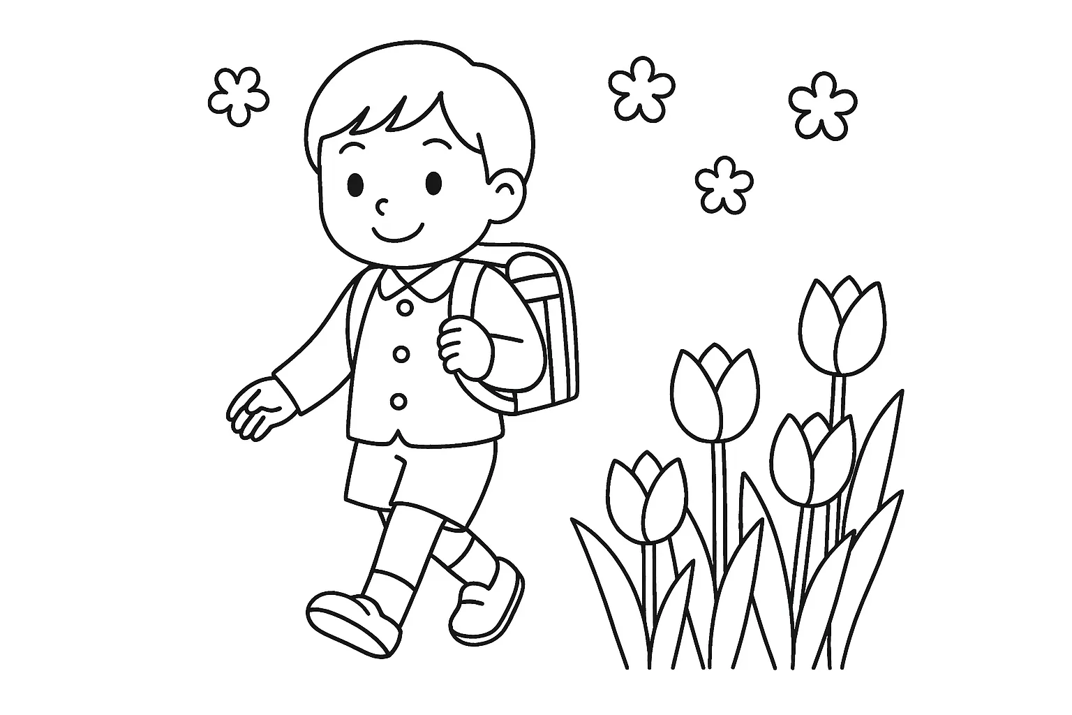 塗り絵4月：ランドセルを背負った子ども｜新しいランドセルを背負って歩く子どもを描いた塗り絵です。制服姿や表情をやさしい線で表現し、春のスタートにぴったりな明るい印象に仕上げています。