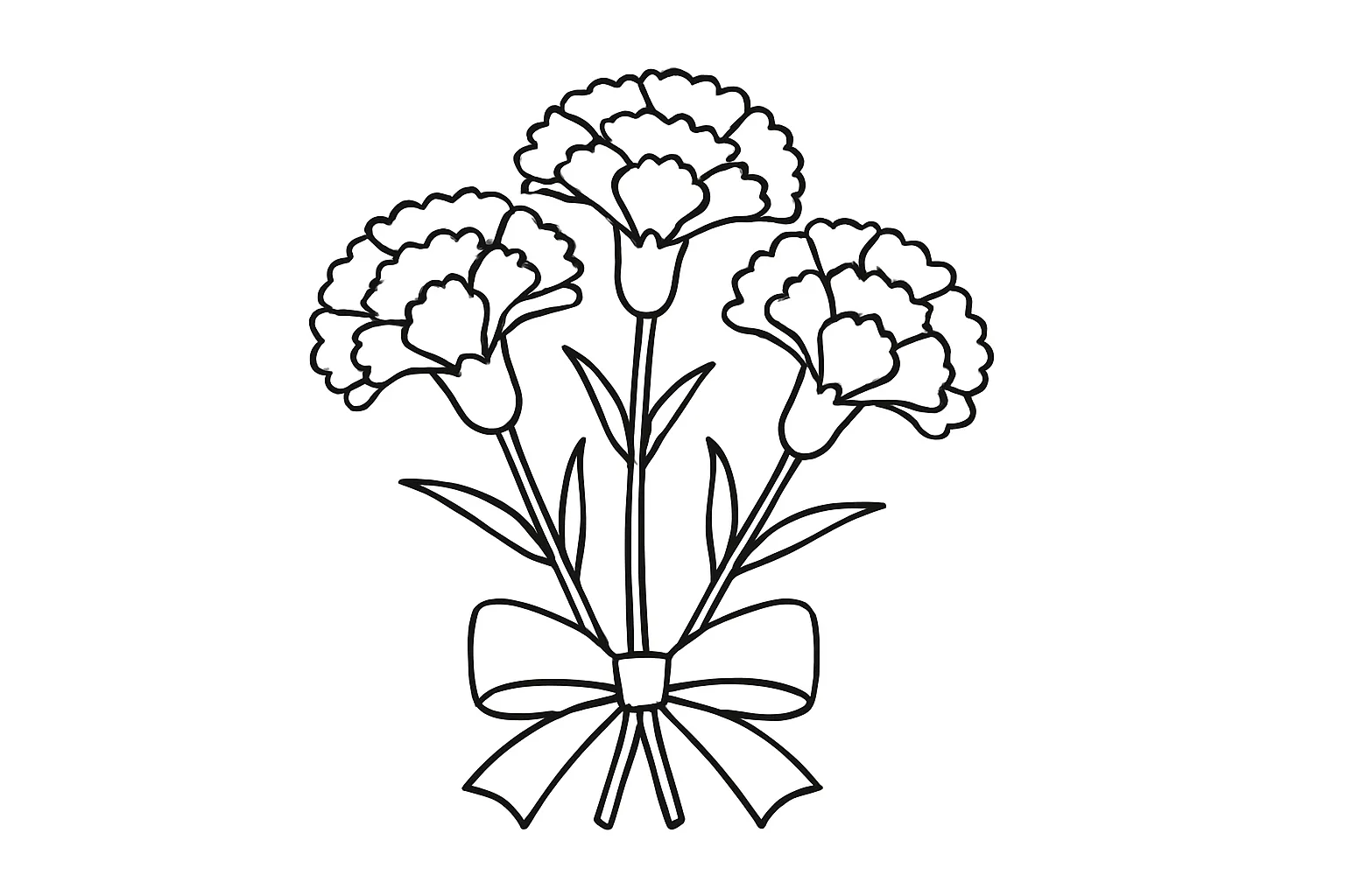5月の塗り絵：母の日のカーネーション｜母の日にちなんだカーネーションの花束をやさしい線でまとめた塗り絵です。茎やリボンも含まれており、贈り物として色塗りして楽しむことができます。