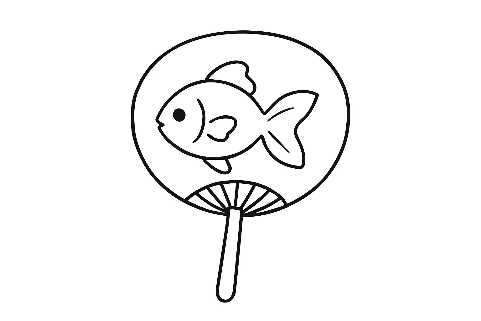 塗り絵7月・うちわと金魚のぬりえ｜丸いうちわに泳ぐ金魚が描かれた夏らしい構図で、涼しさを感じさせる塗り絵7月です。線が太めで明快なため塗りやすく、背景を自由にアレンジして季節感を広げる楽しみがあります。