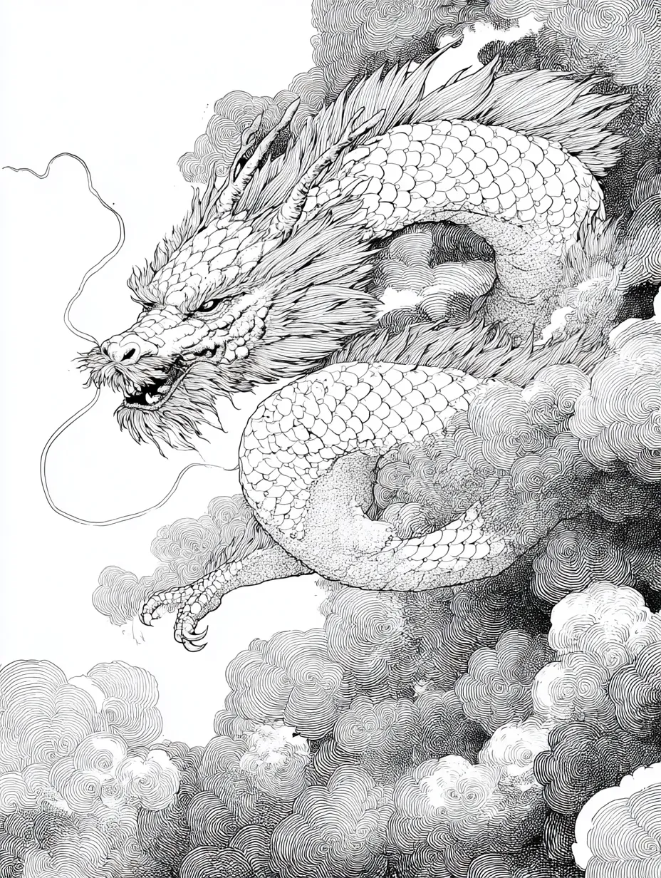塗り絵 大人｜雲を駆ける龍｜荒々しくも美しい龍が雲の中を舞う構図。複雑な鱗や毛並み、渦巻く雲の細密描写が映え、「塗り絵 大人」として圧倒的な没入感を提供する神秘的なアート。