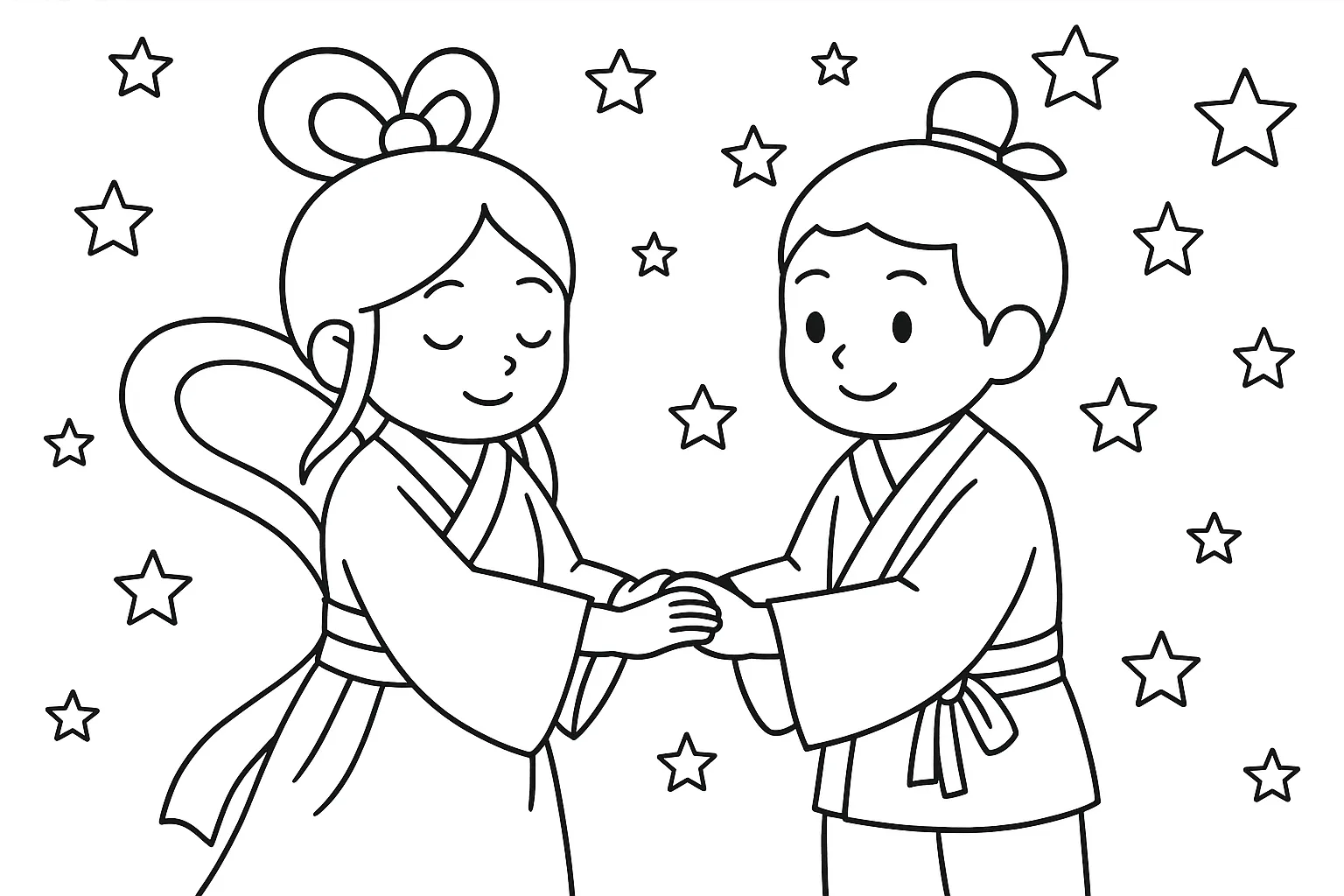 七夕の塗り絵：織姫と彦星｜夜空に出会う織姫と彦星の姿を、シンプルな表情と衣装で描いた塗り絵です。星を背景に添えることで、七夕の伝説を感じながら楽しく彩ることができます。