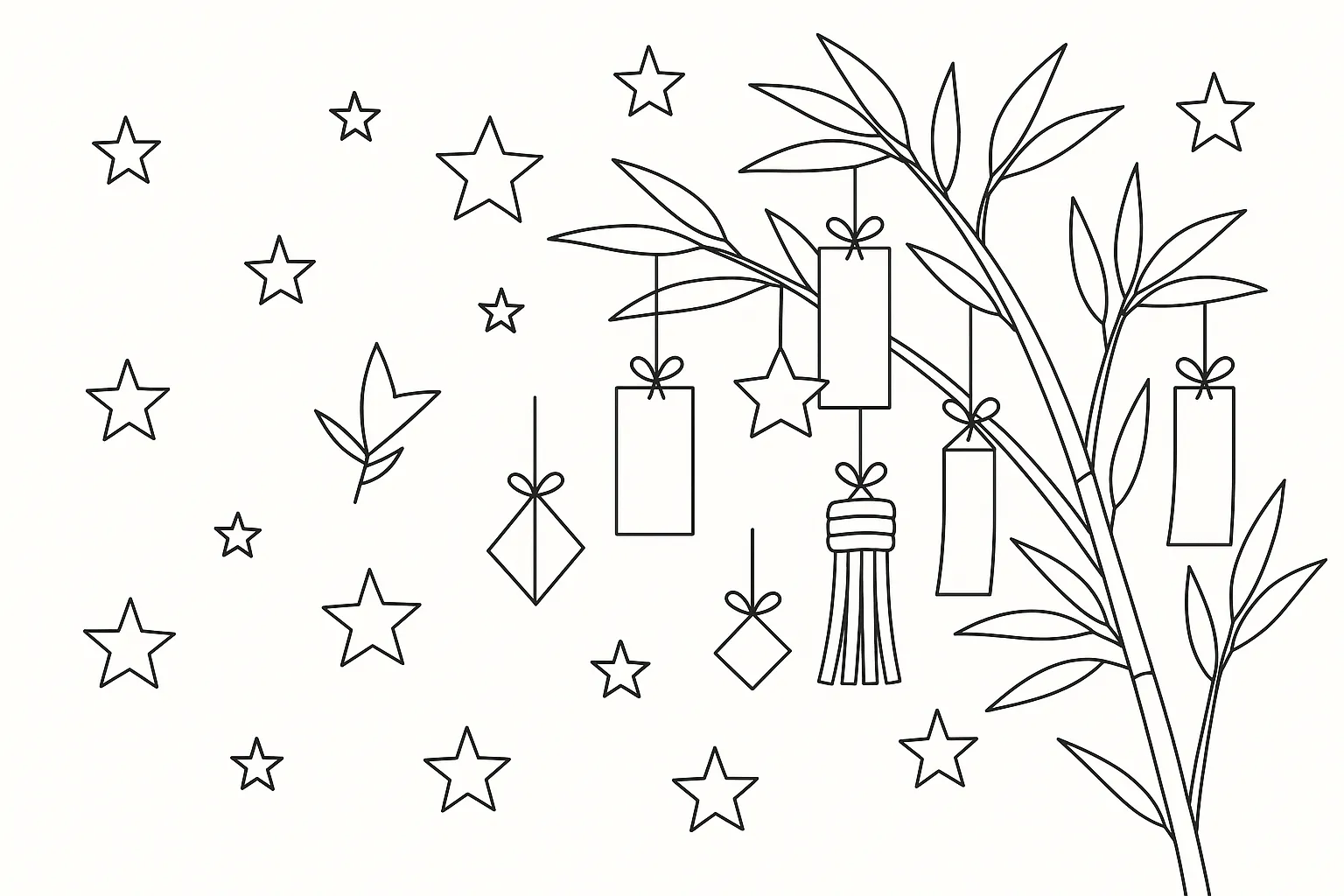 七夕の塗り絵：天の川と星かざり｜天の川を中央に、周囲に流れるように広がる星かざりを組み合わせた幻想的な構図です。星の大きさや並びを自由にアレンジして塗る楽しさがあります。