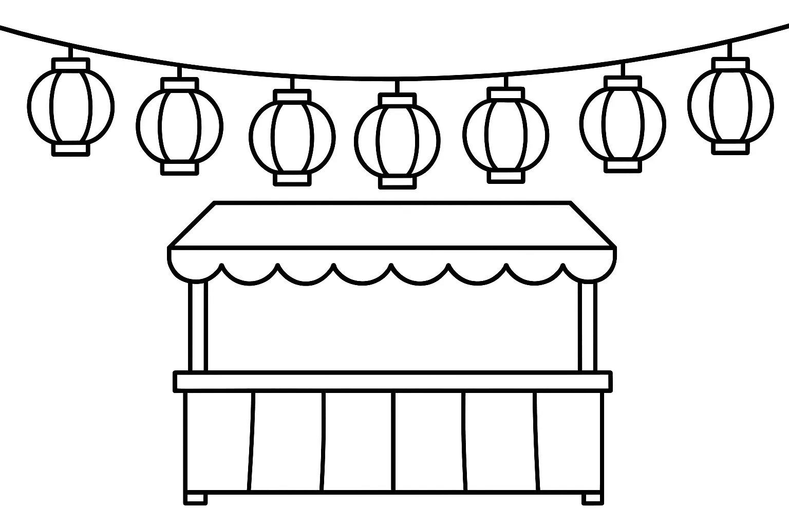 夏祭りの塗り絵：提灯の並ぶ屋台｜夏の夜を彩る提灯と屋台を描いた塗り絵です。横長構図に提灯がリズミカルに並び、屋台の屋根やのれんなども自由に色をつけられる楽しい構成になっています。